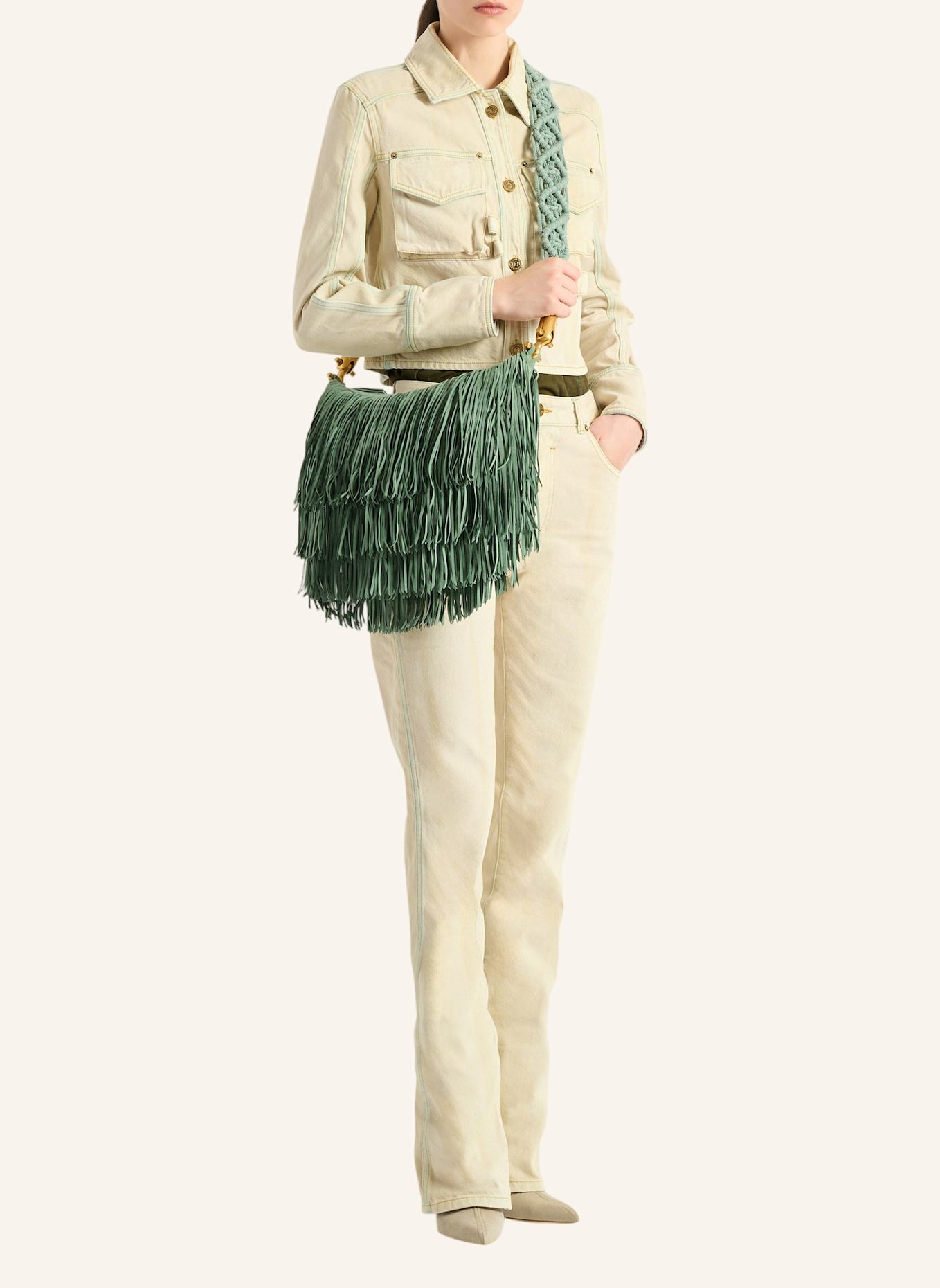 BALMAIN Hobo Bag Ébène aus Wildleder mit Fransen: GRÜN
