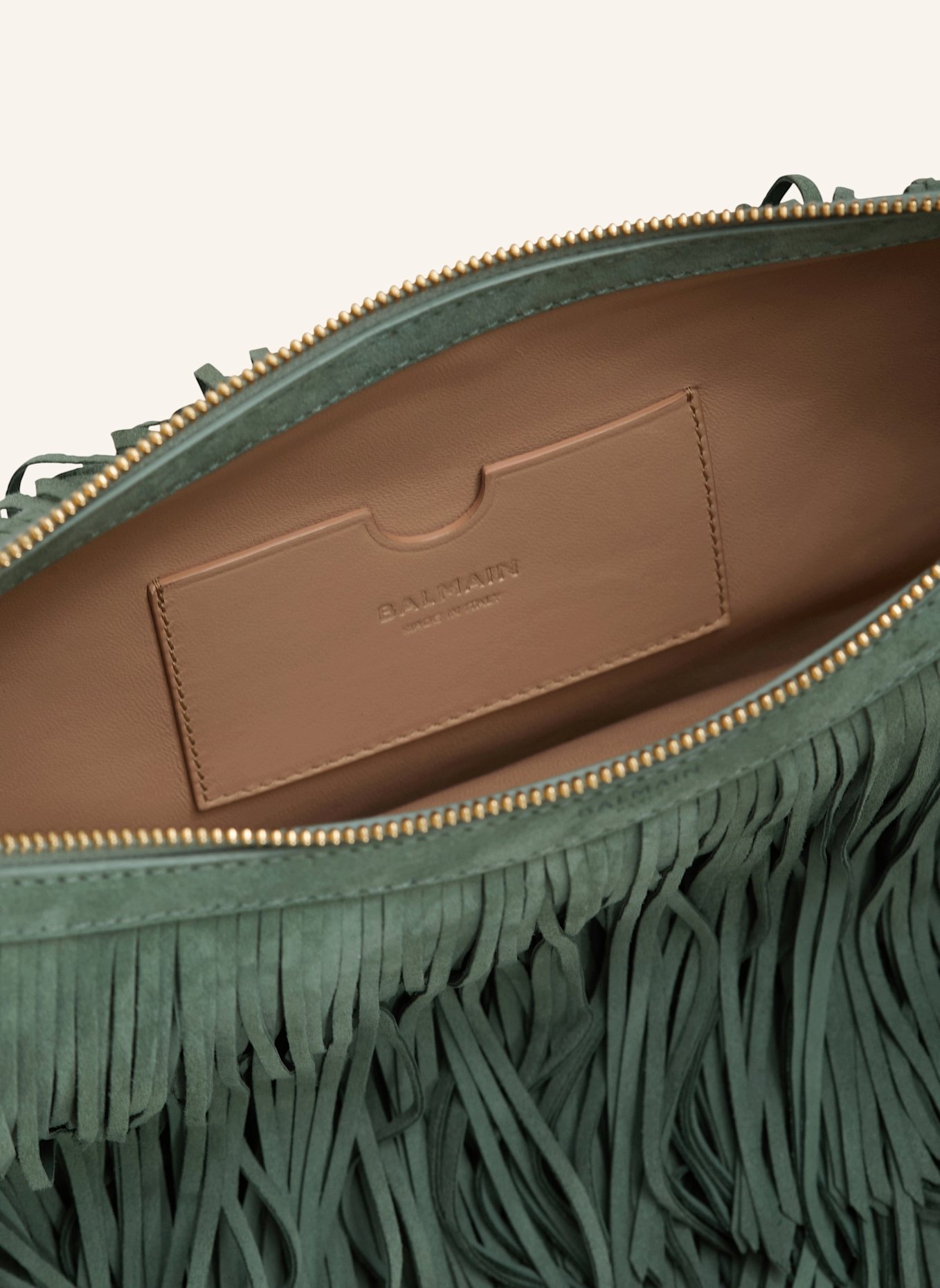 BALMAIN Hobo Bag Ébène aus Wildleder mit Fransen: GRÜN