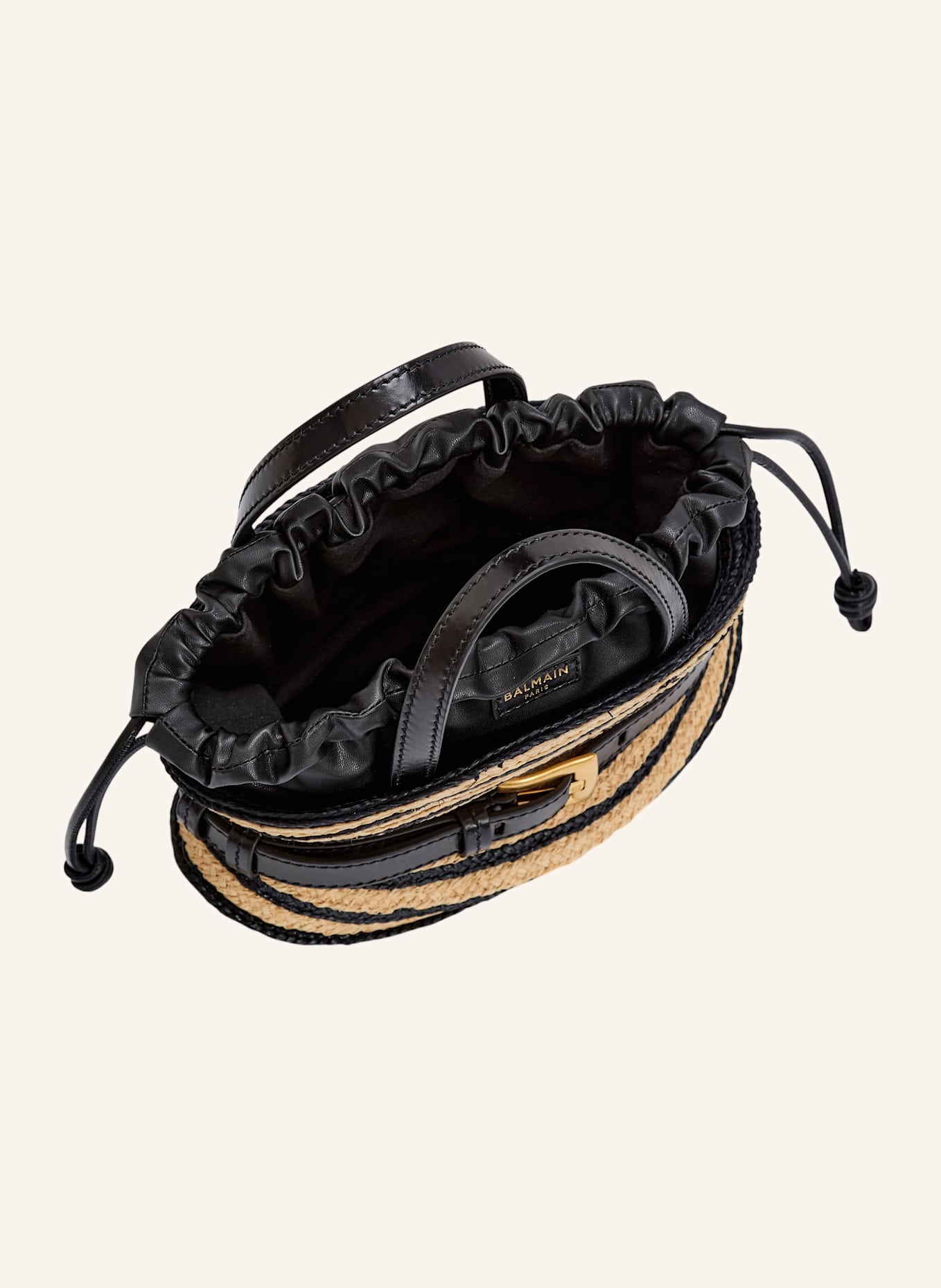 BALMAIN Shuffle Mini-Tasche aus Bast und Glattleder: KHAKI