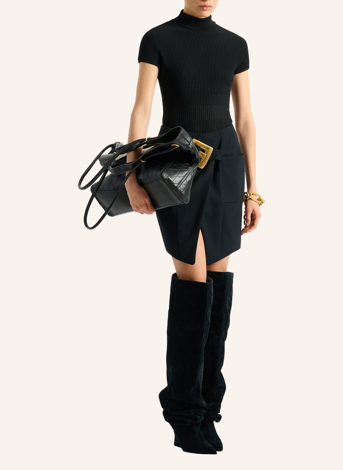 BALMAIN Großer Shopper aus gestepptem Leder: SCHWARZ