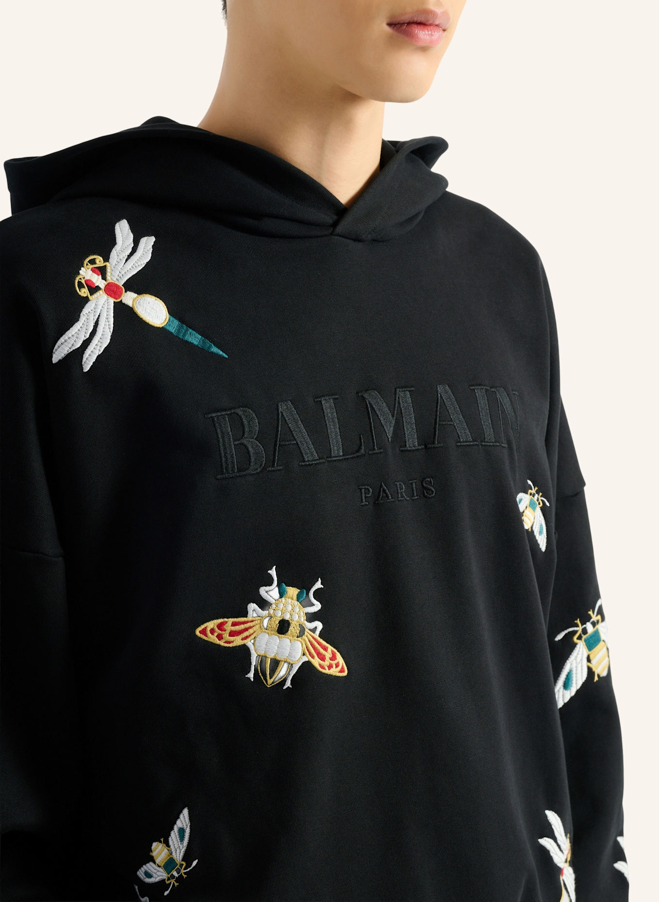 BALMAIN Bestickter Balmain Insect Kapuzenpullover: SCHWARZ