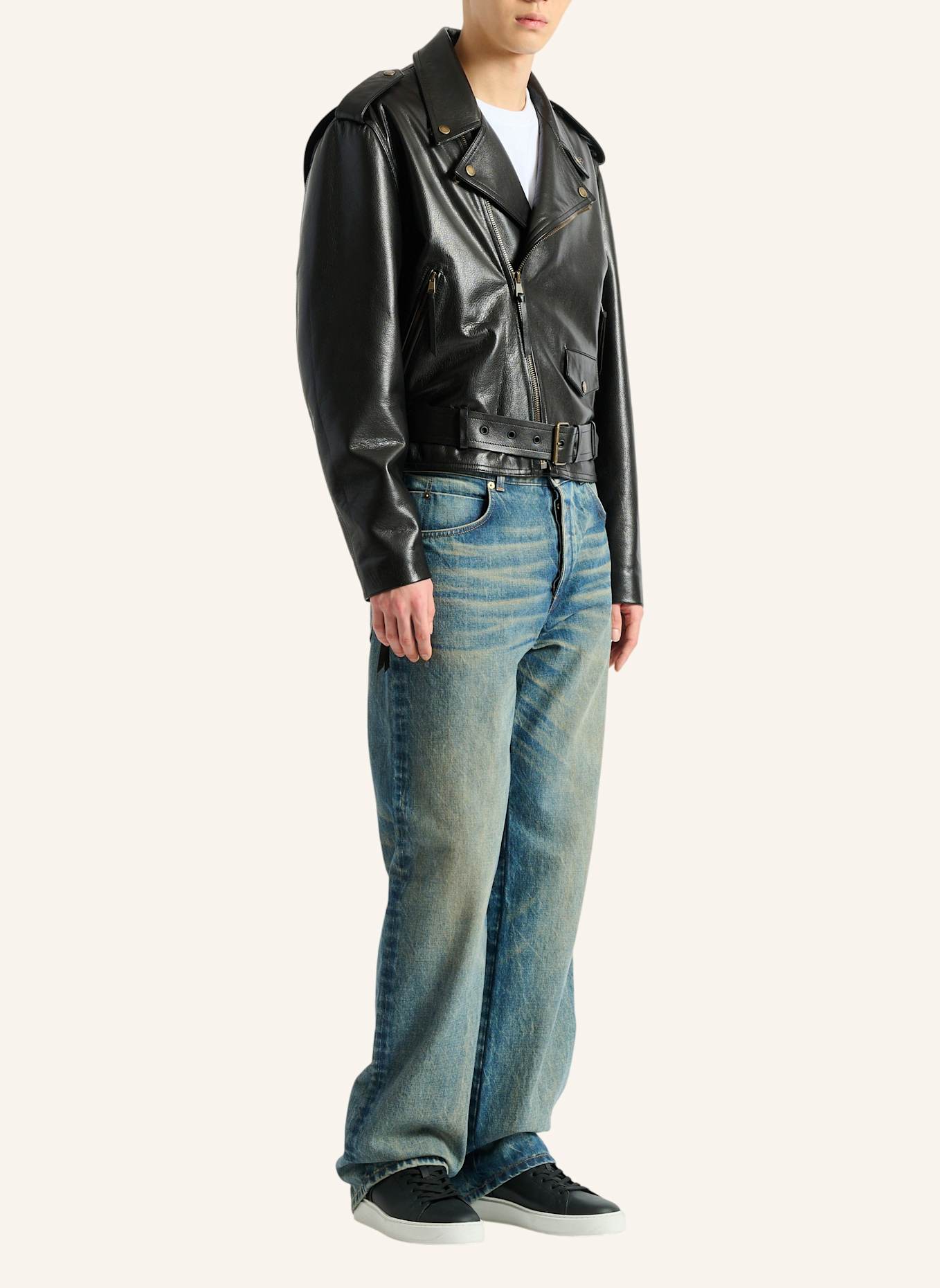 BALMAIN Bikerjacke aus texturiertem Leder: SCHWARZ