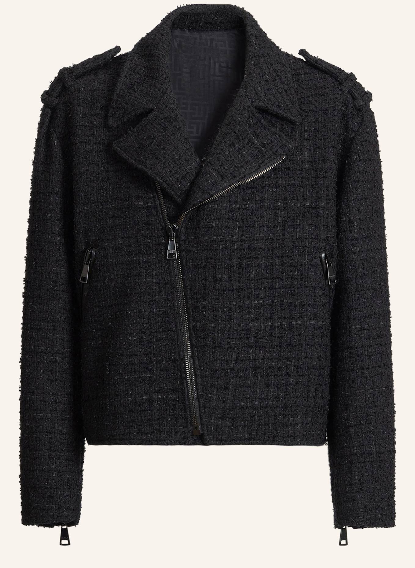 BALMAIN Bikerjacke aus Tweed: SCHWARZ