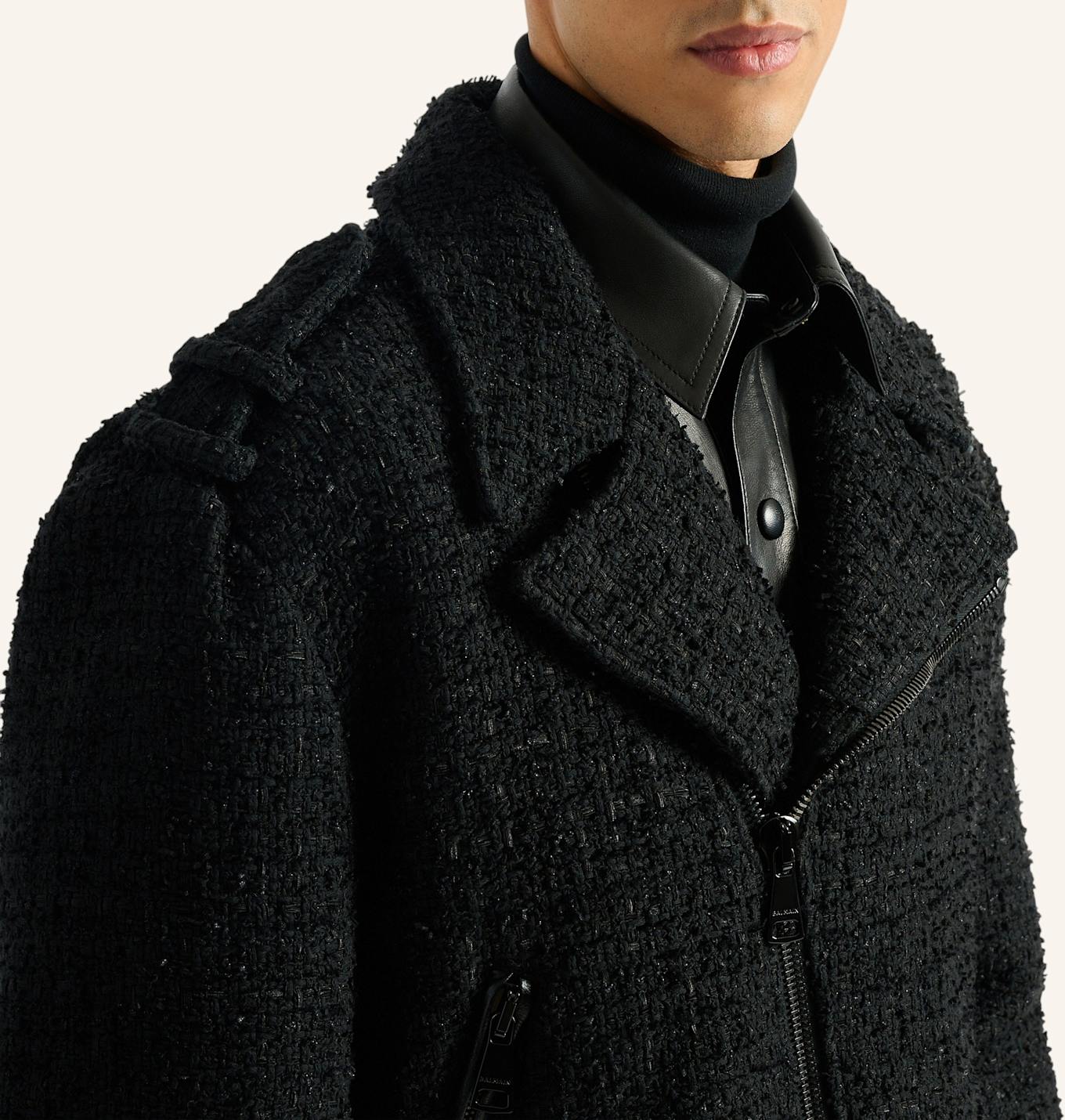 BALMAIN Bikerjacke aus Tweed: SCHWARZ
