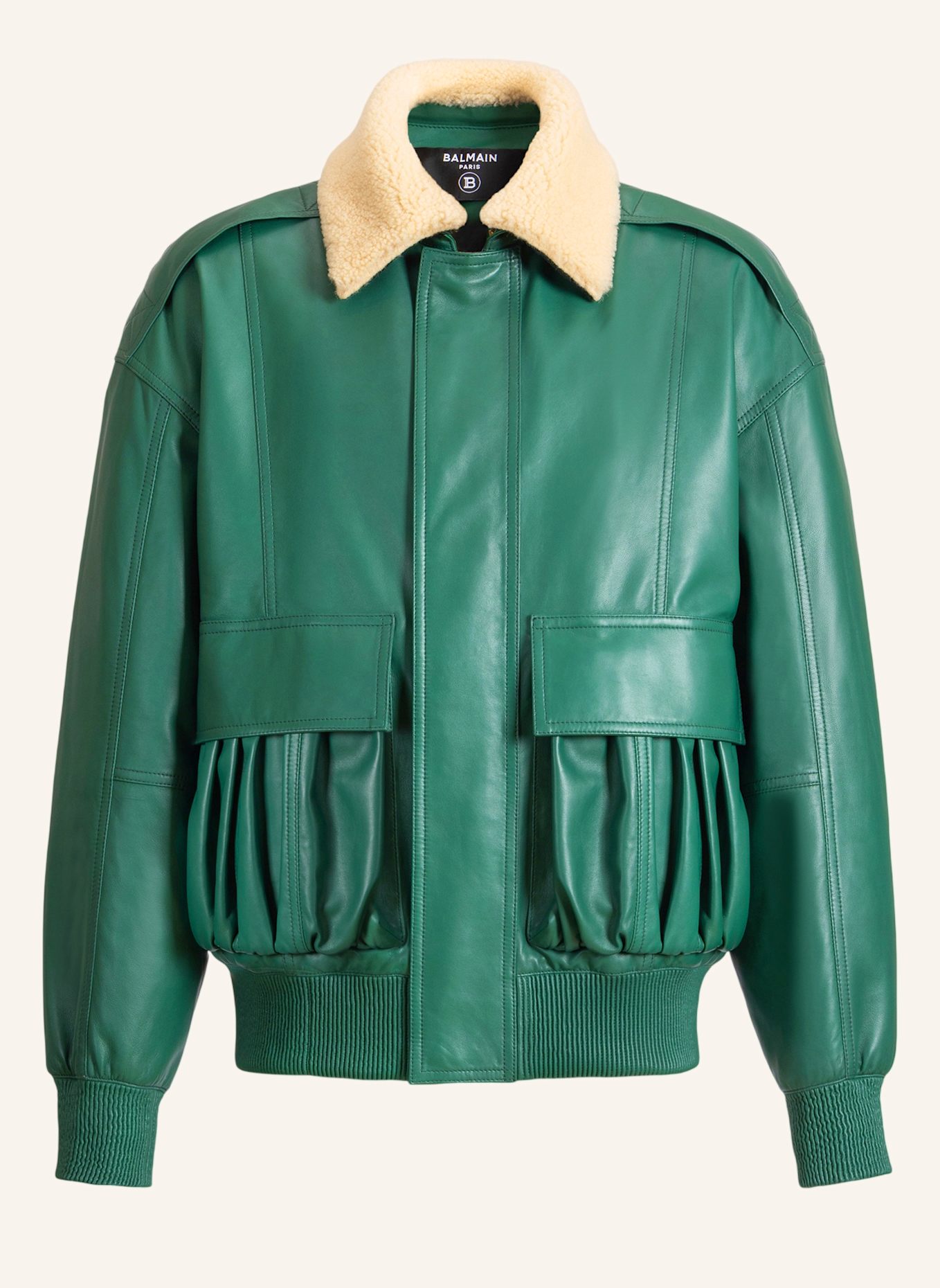 BALMAIN Bomberjacke aus Leder und Shearling: GRÜN