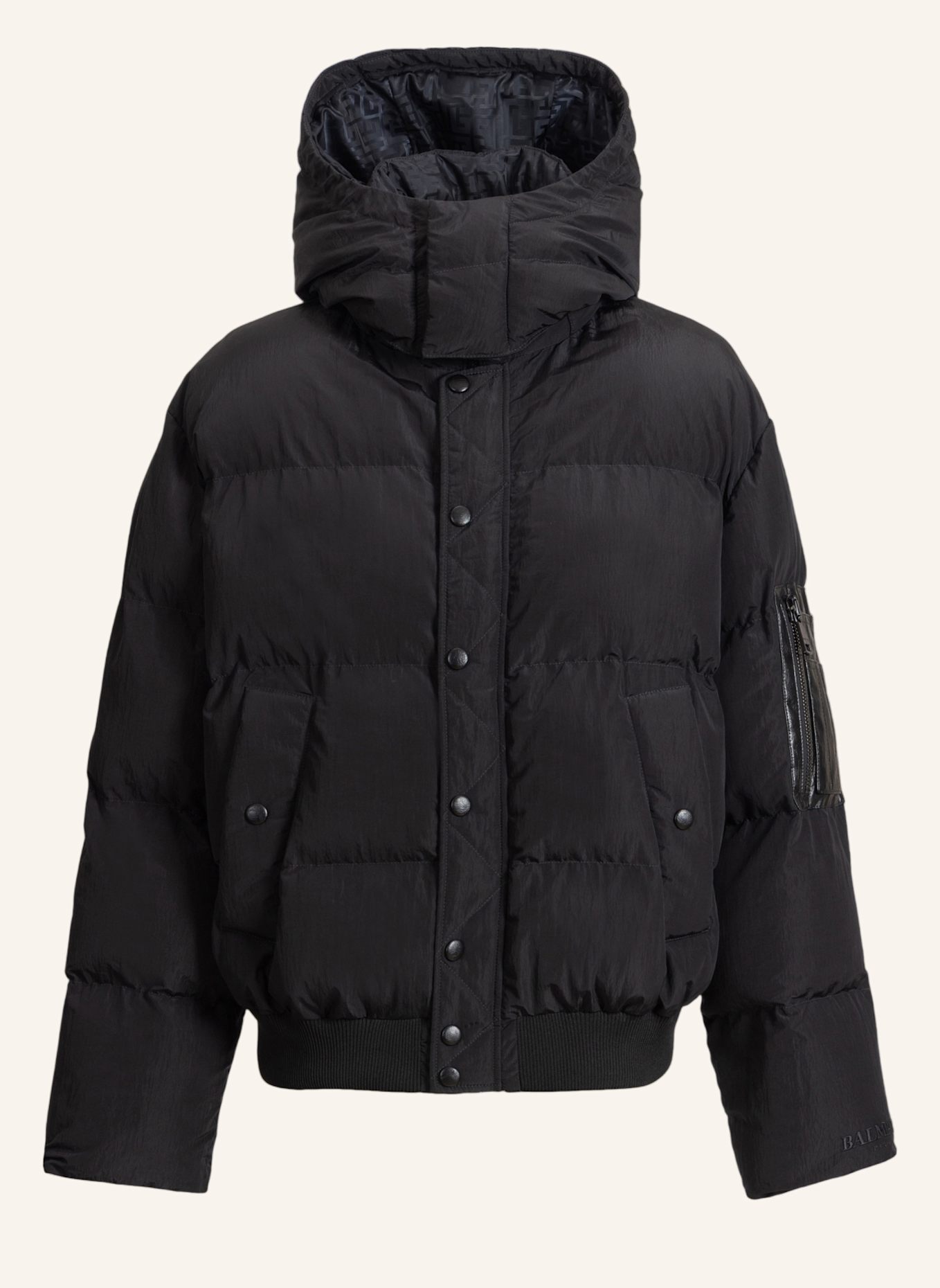 BALMAIN Daunenjacke aus Nylon und Leder: SCHWARZ
