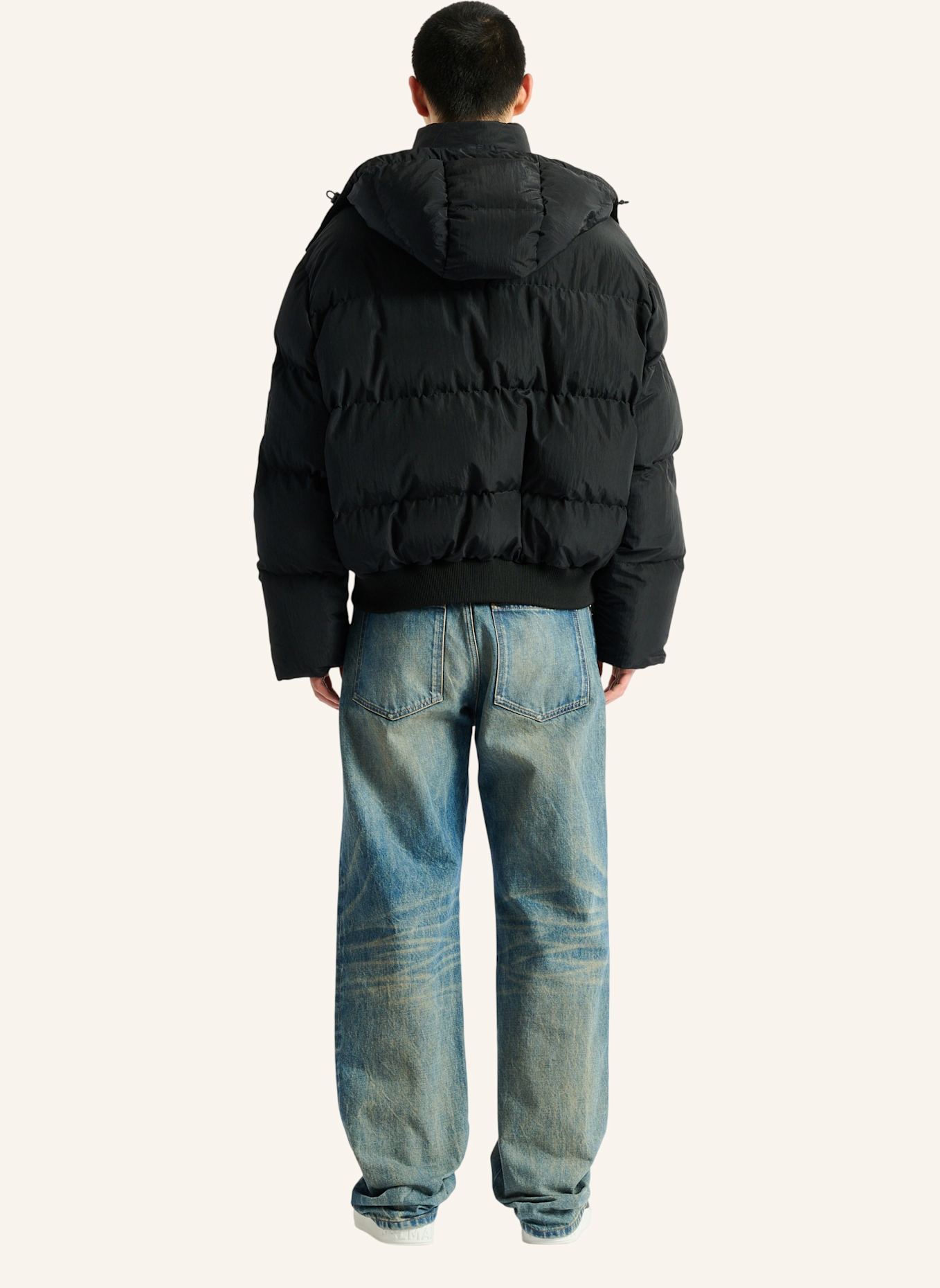 BALMAIN Daunenjacke aus Nylon und Leder: SCHWARZ