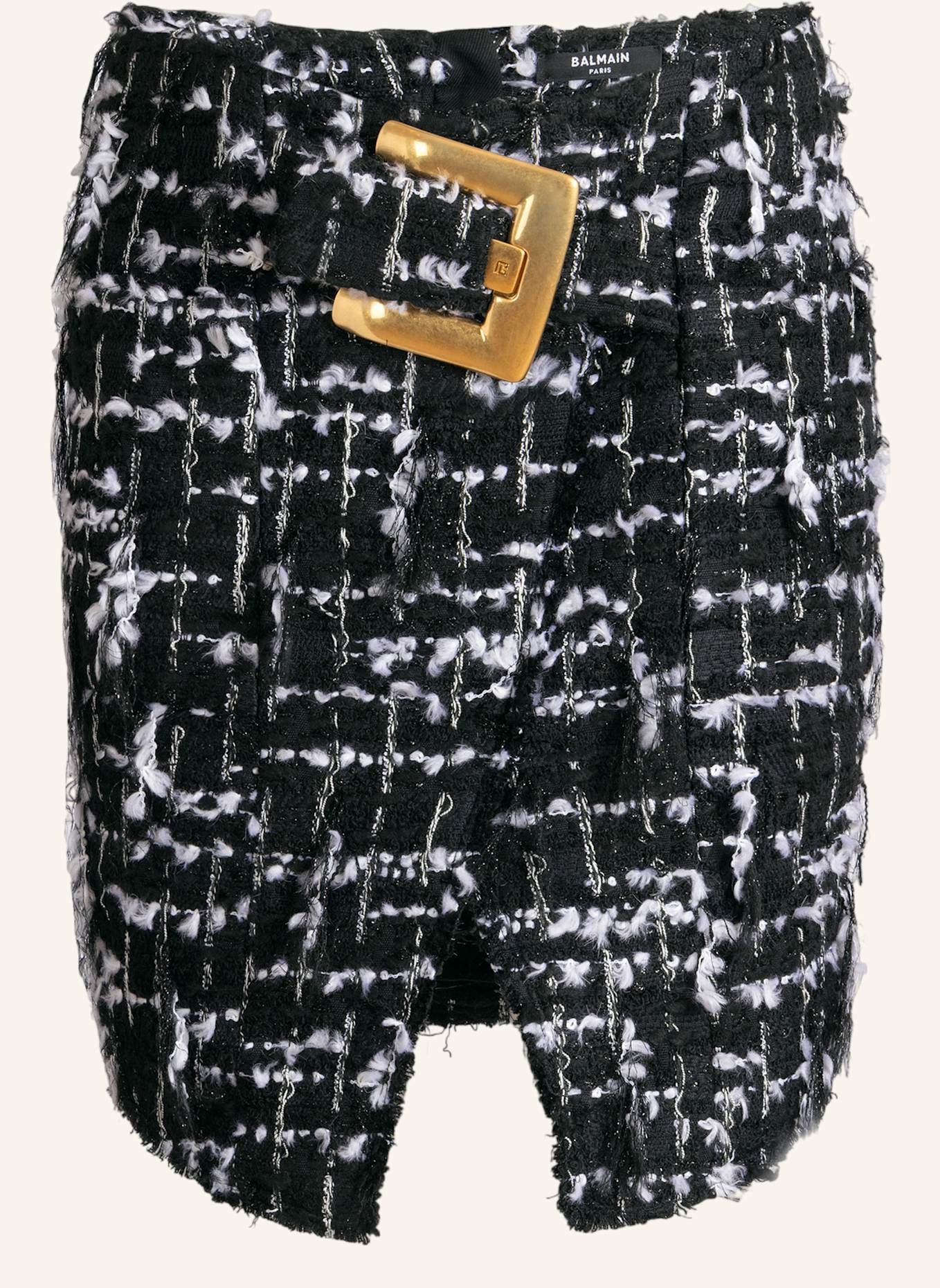 BALMAIN Tweedrock mit Gürtel und Fransen: SCHWARZ