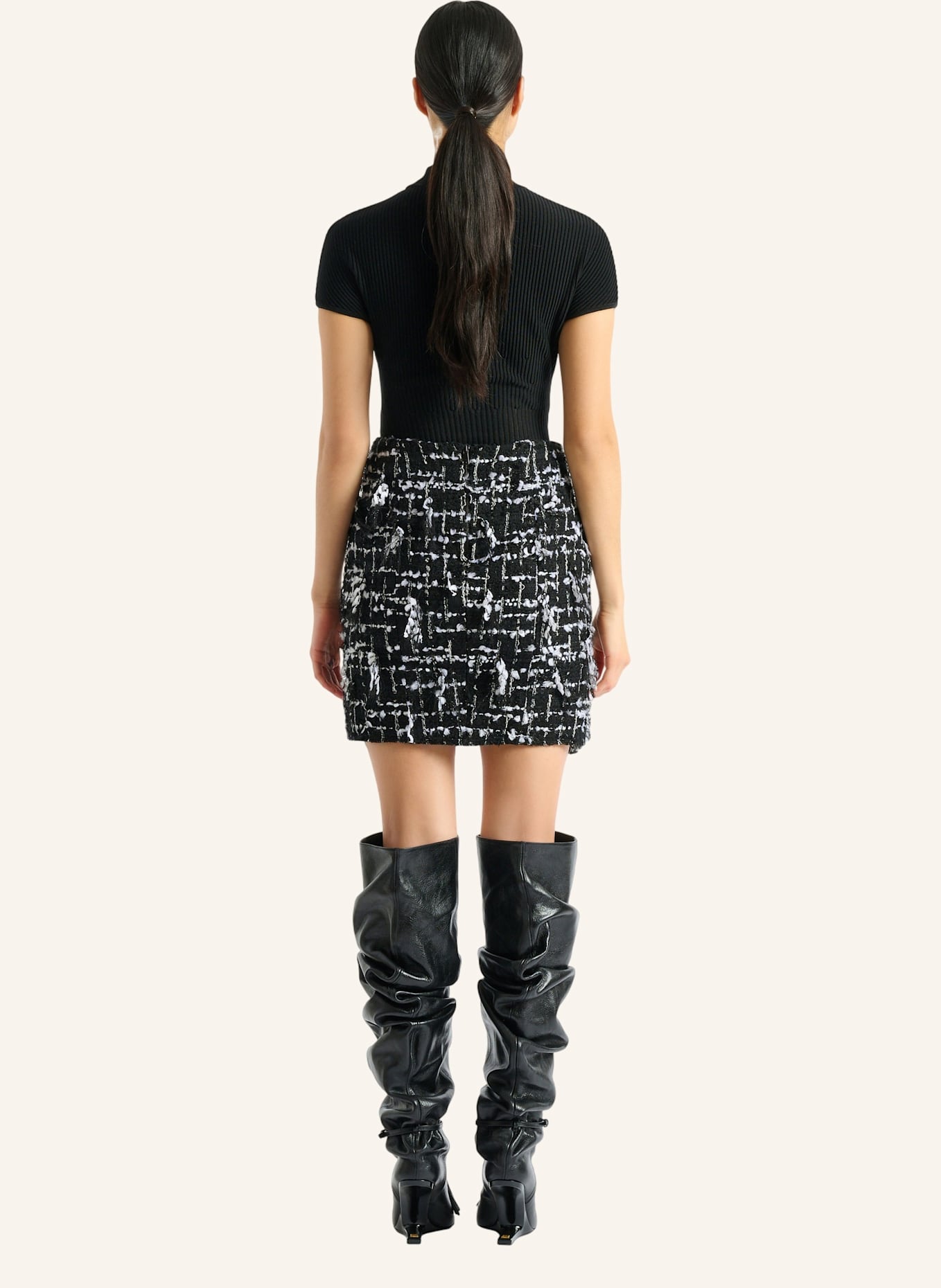 BALMAIN Tweedrock mit Gürtel und Fransen: SCHWARZ