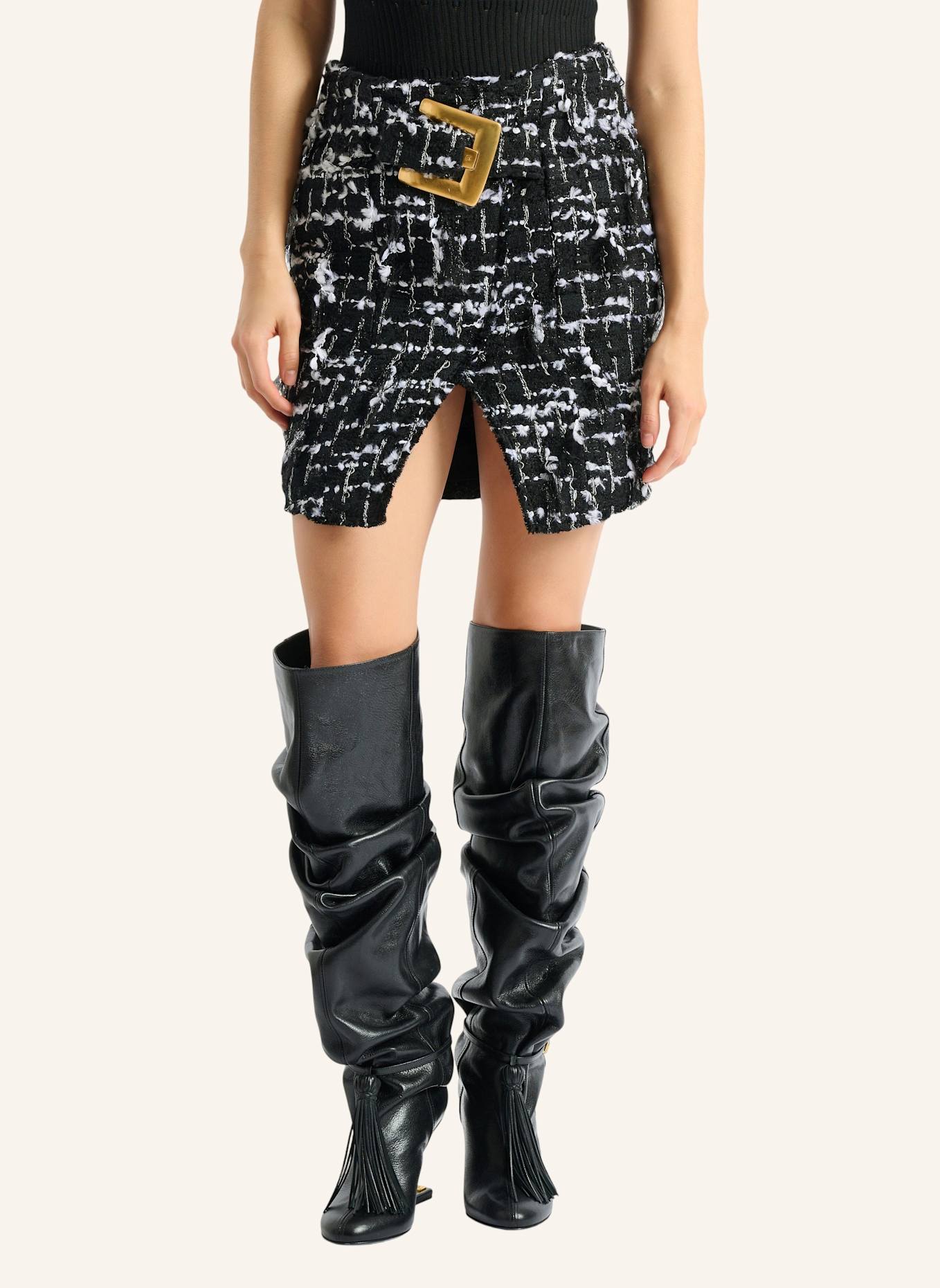 BALMAIN Tweedrock mit Gürtel und Fransen: SCHWARZ