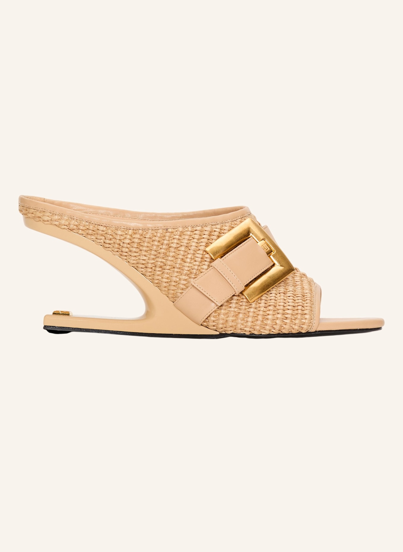 BALMAIN Anthem No Wedge Pantoletten aus Bast und Glattleder: KHAKI