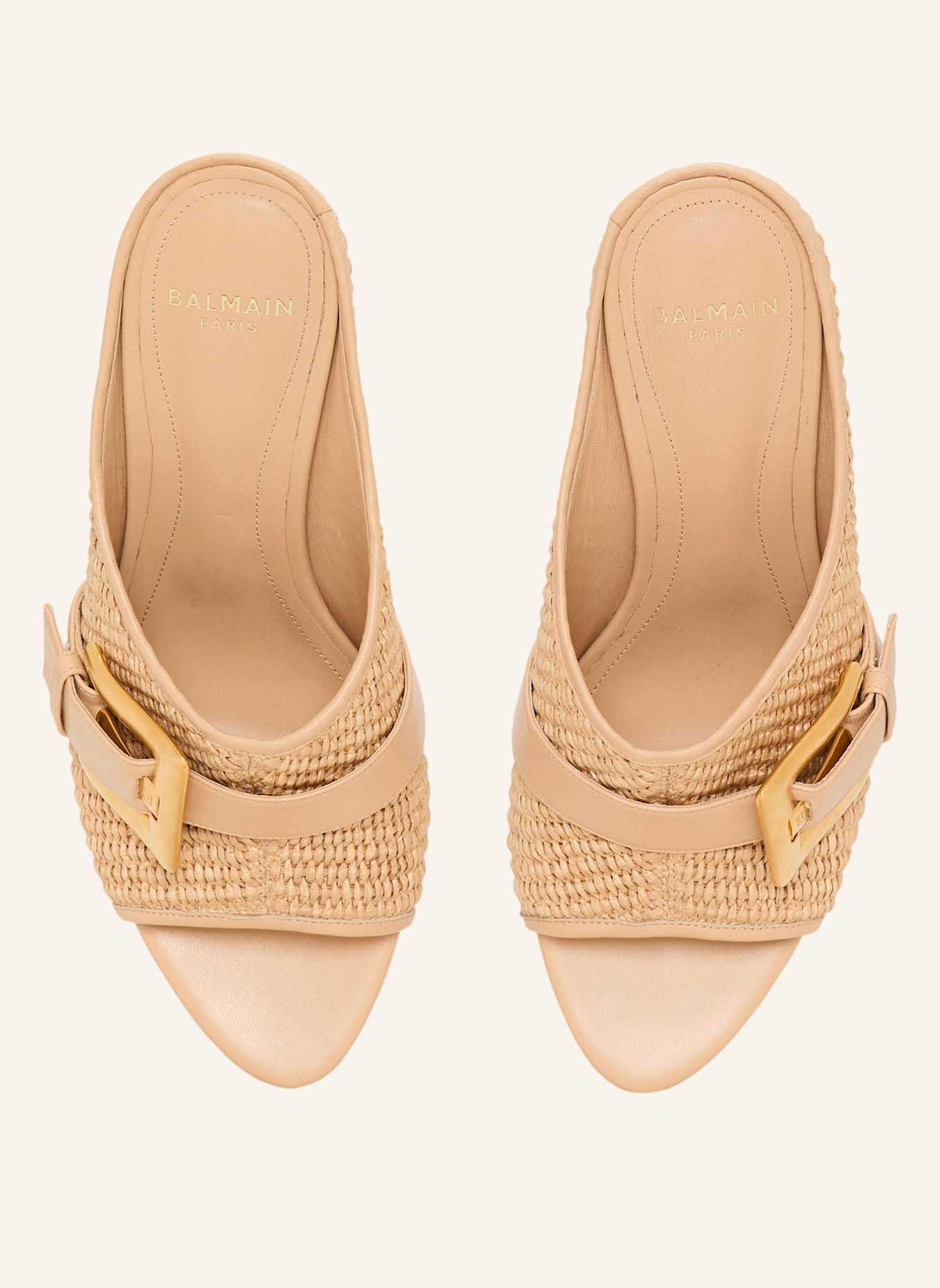 BALMAIN Anthem No Wedge Pantoletten aus Bast und Glattleder: KHAKI