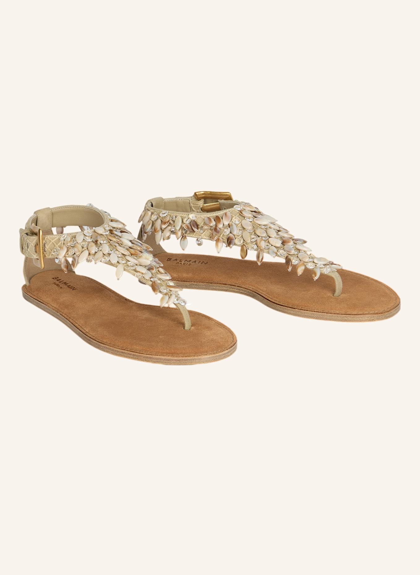 BALMAIN Flache Sandalen aus Wildleder, Baumwolle und Perlen: KHAKI
