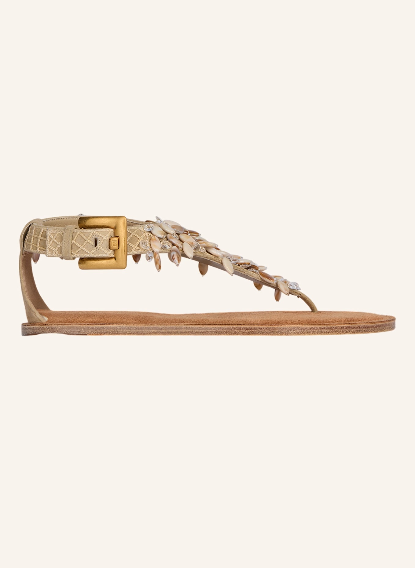 BALMAIN Flache Sandalen aus Wildleder, Baumwolle und Perlen: KHAKI