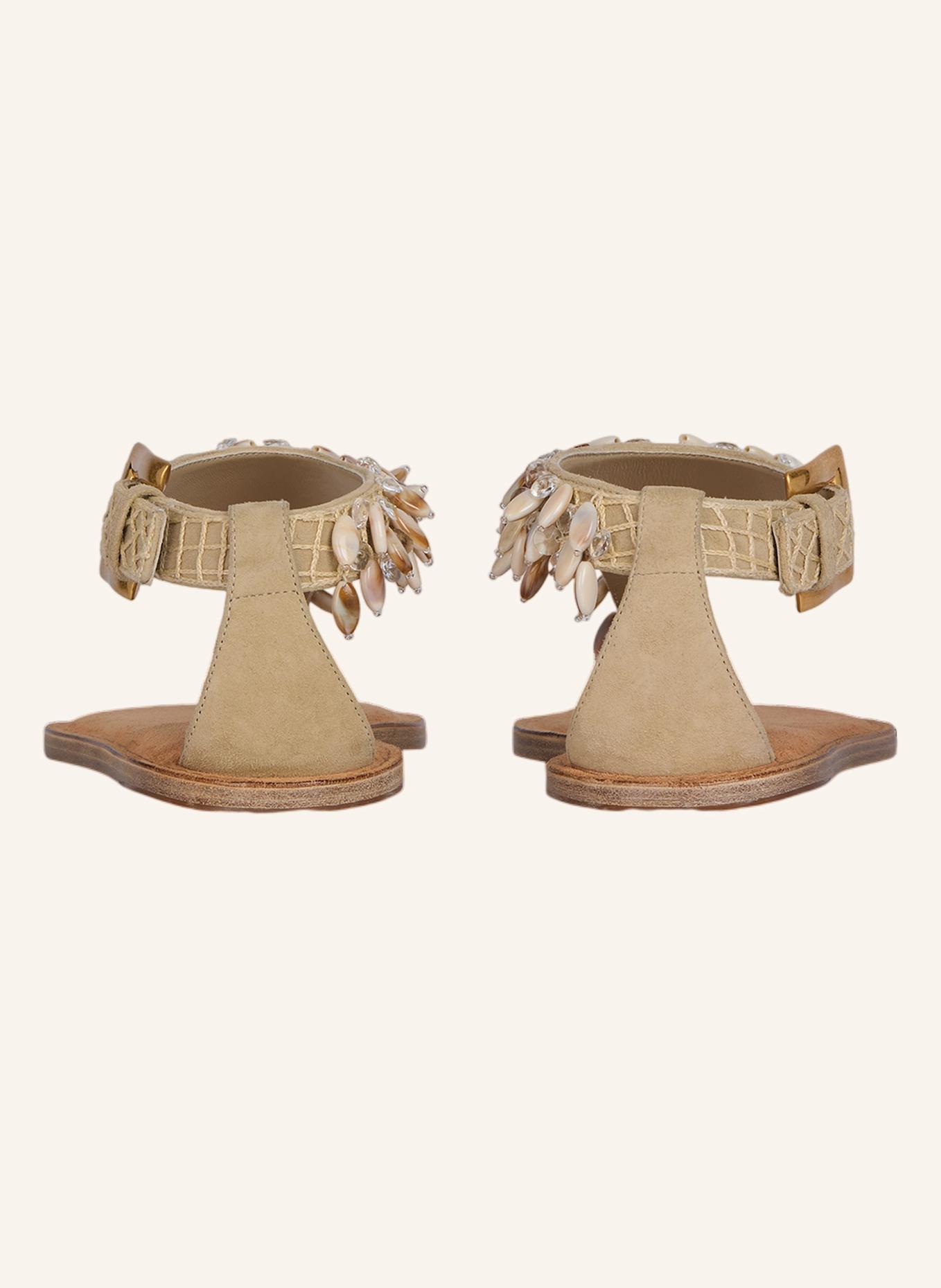 BALMAIN Flache Sandalen aus Wildleder, Baumwolle und Perlen: KHAKI