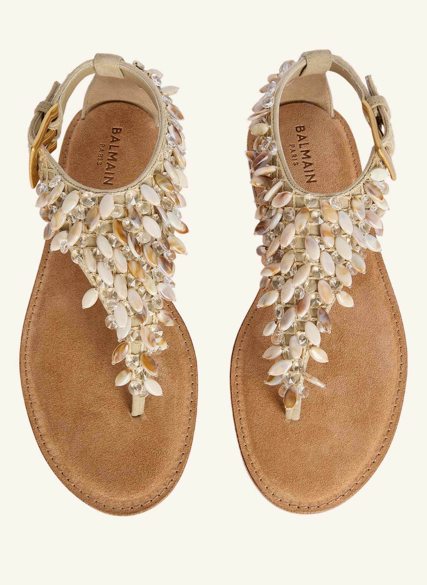 BALMAIN Flache Sandalen aus Wildleder, Baumwolle und Perlen: KHAKI
