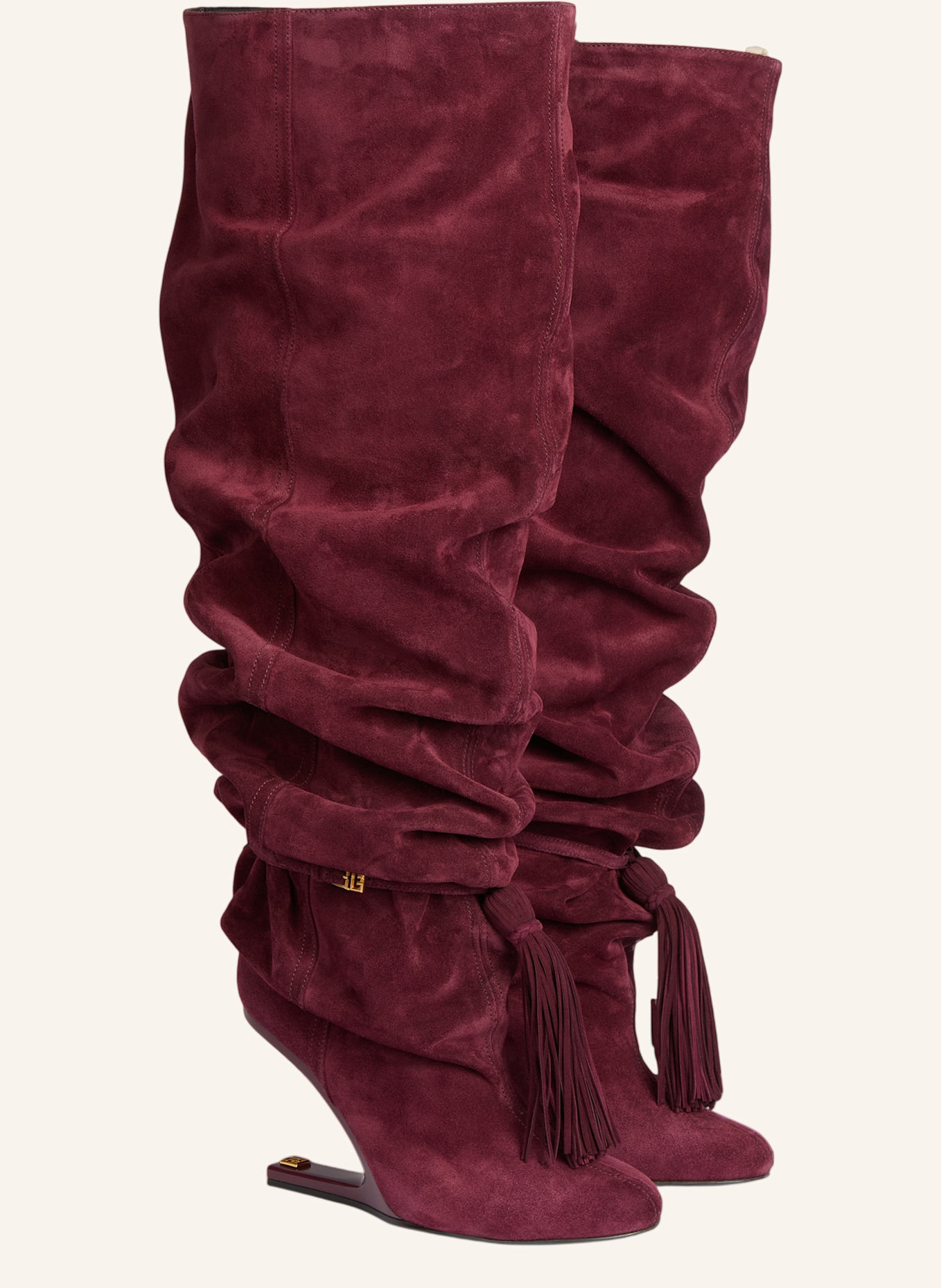 BALMAIN No Wedge Overknee-Stiefel mit Bommel aus Wildleder: ROT
