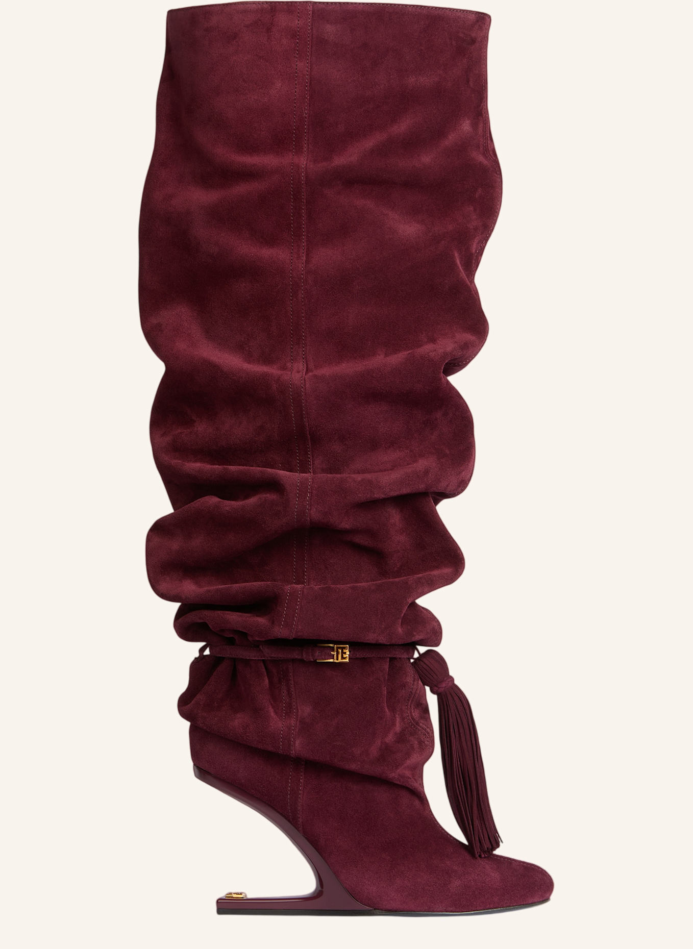 BALMAIN No Wedge Overknee-Stiefel mit Bommel aus Wildleder: ROT