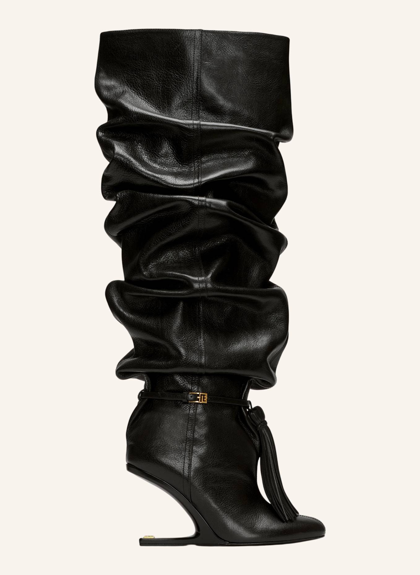 BALMAIN No Wedge Overknee-Stiefel mit Bommel aus texturiertem Leder: SCHWARZ