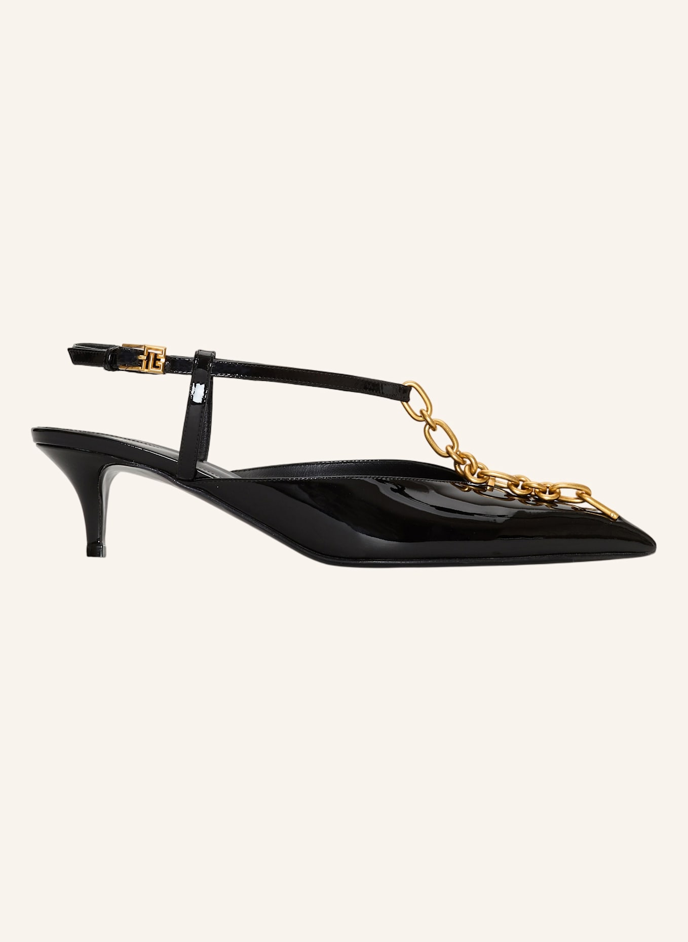 BALMAIN Sync Slingbacks mit Lacklederabsatz und Kette: SCHWARZ