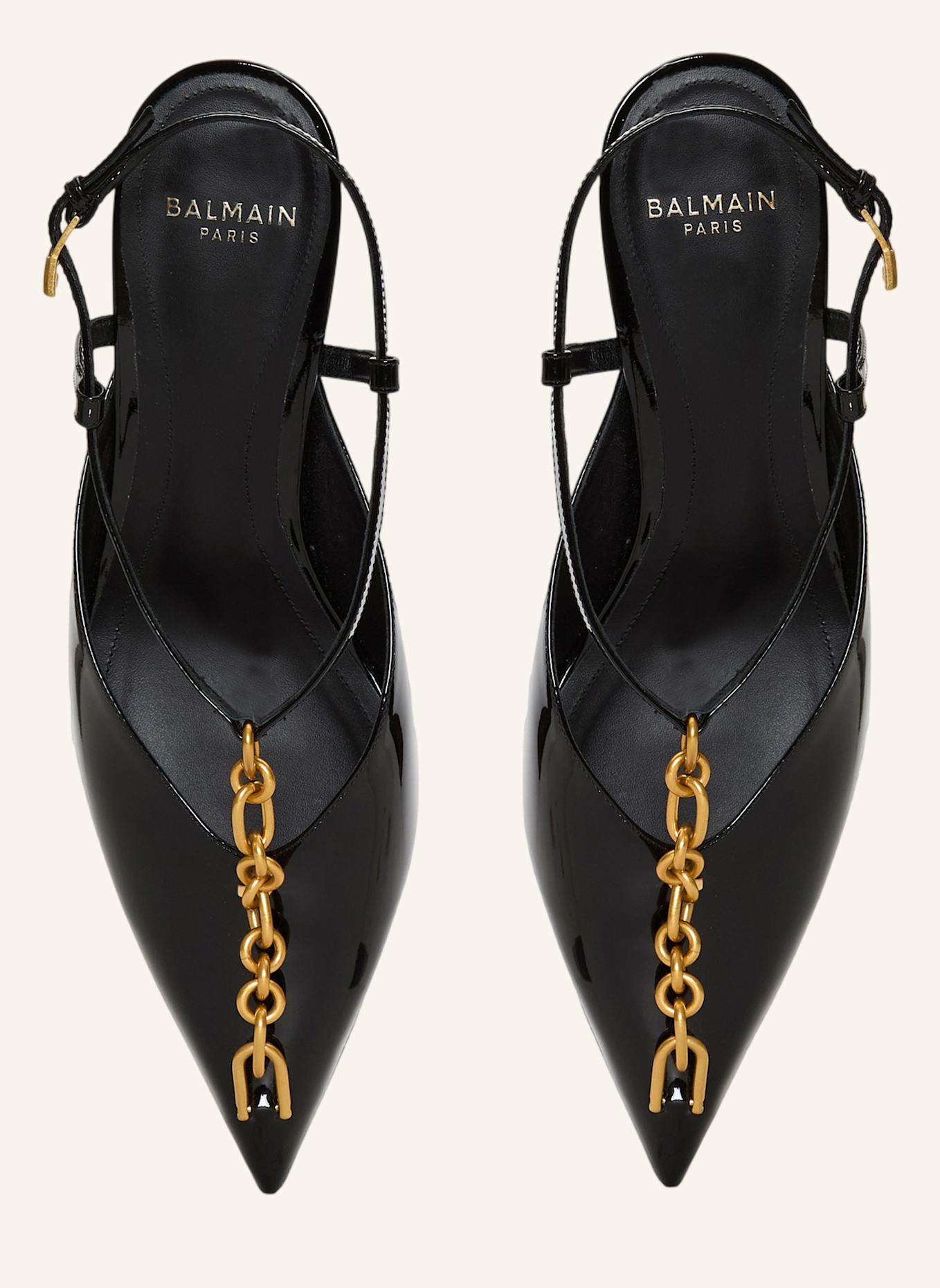 BALMAIN Sync Slingbacks mit Lacklederabsatz und Kette: SCHWARZ