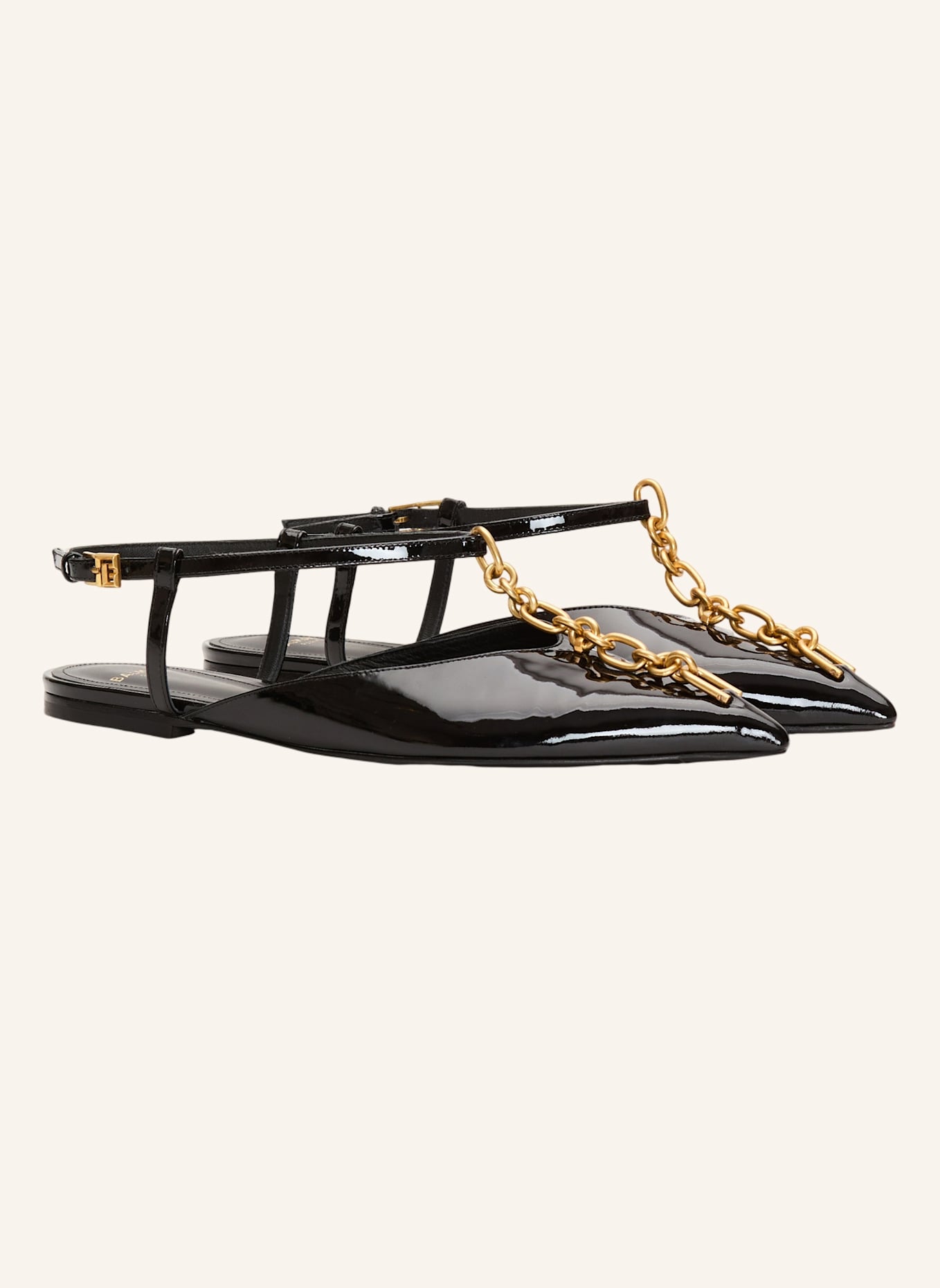 BALMAIN Flache Sync Sandalen aus Lackleder mit Kette: SCHWARZ
