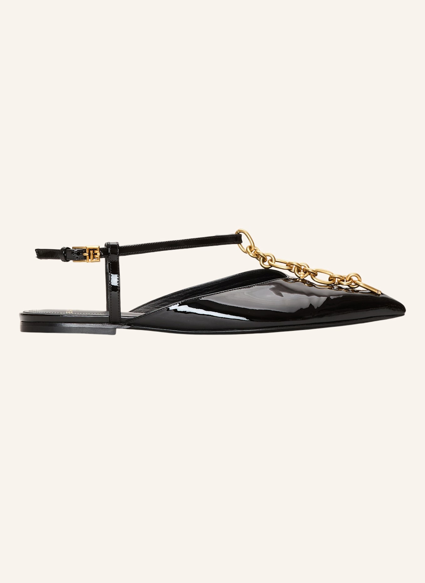 BALMAIN Flache Sync Sandalen aus Lackleder mit Kette: SCHWARZ