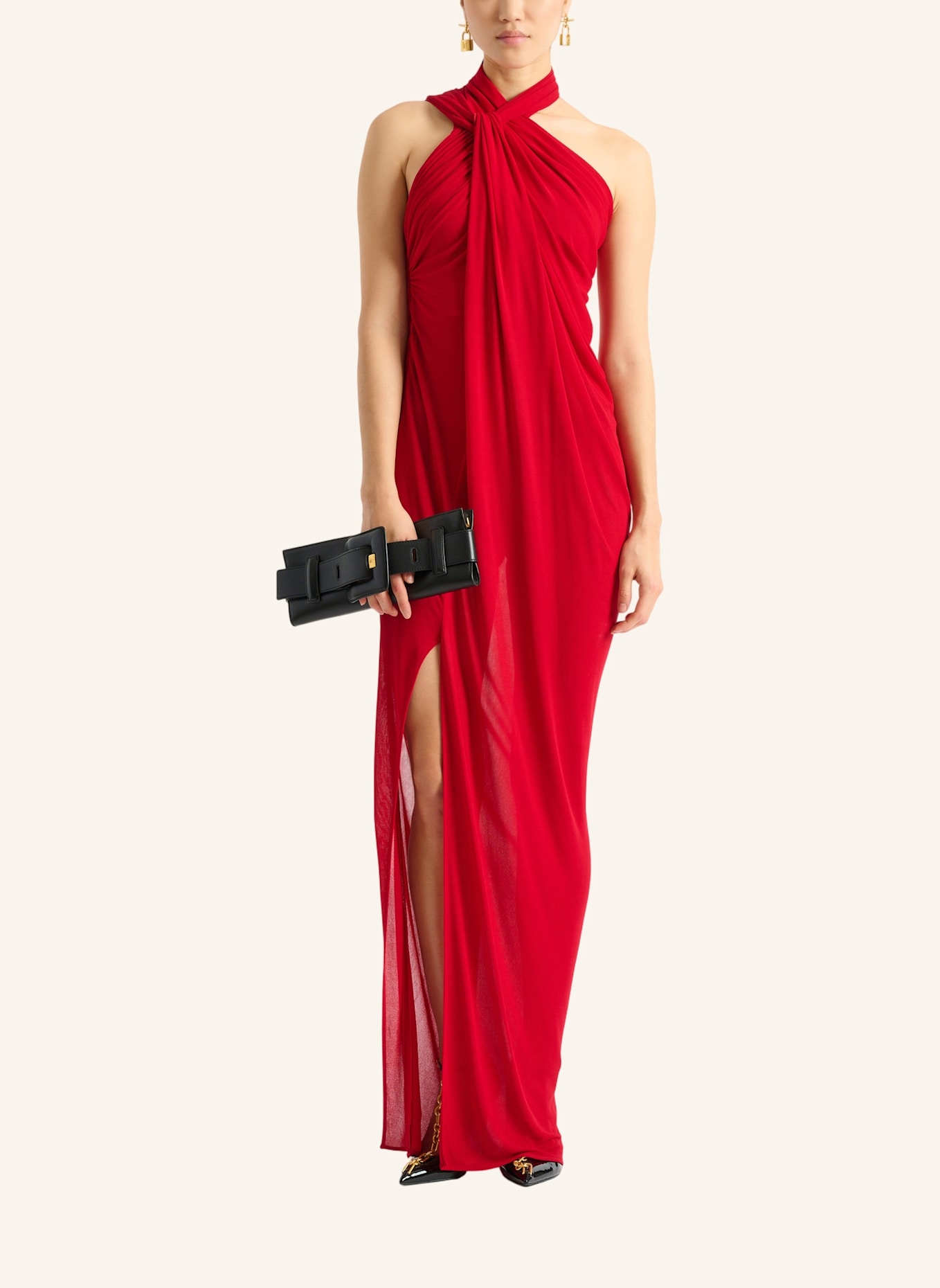 BALMAIN Langes, drapiertes Kleid aus Jersey: ROT