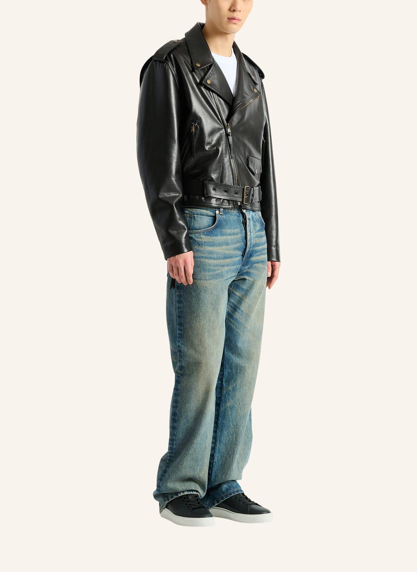 BALMAIN Bikerjacke aus texturiertem Leder: SCHWARZ