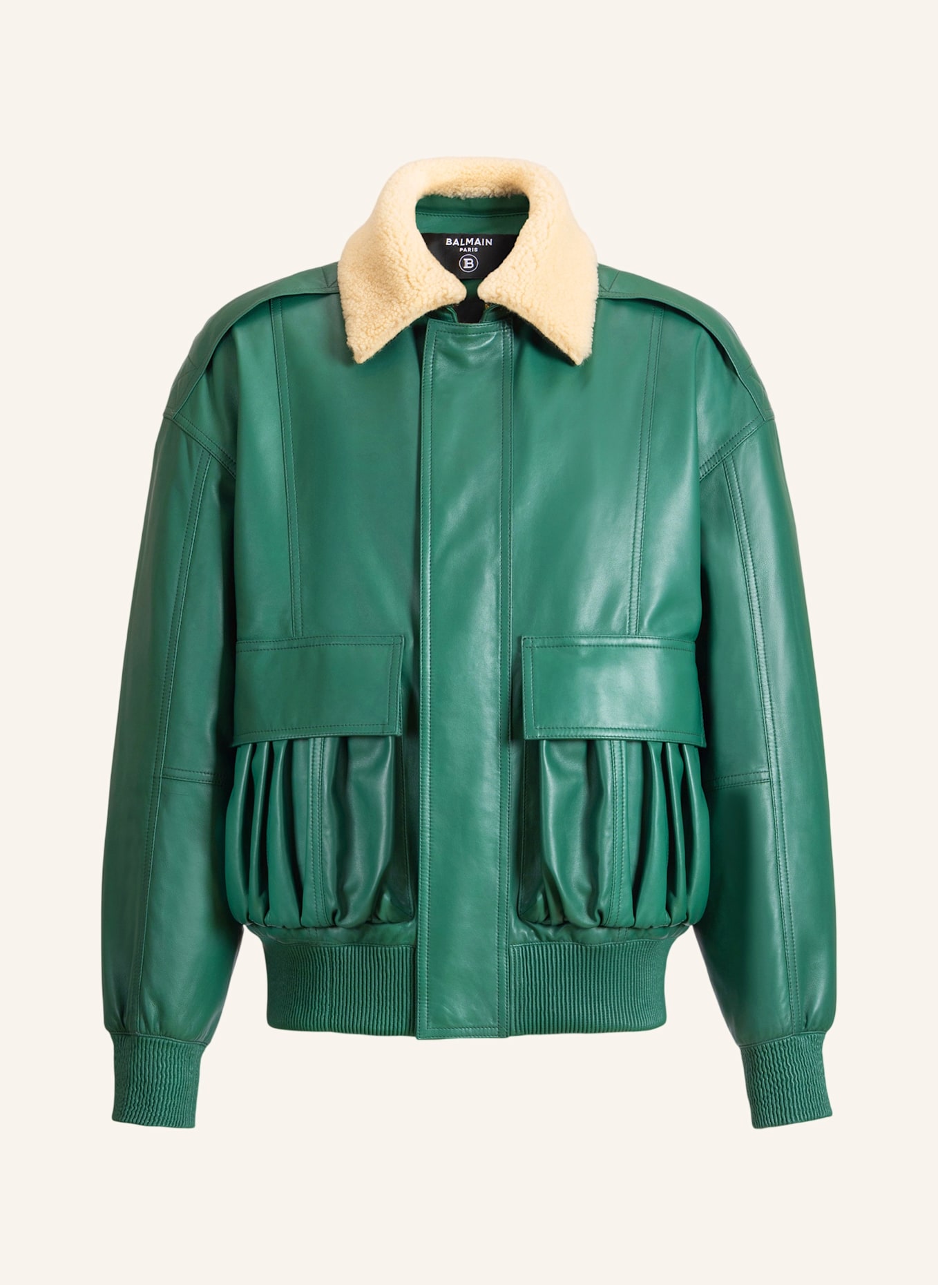 BALMAIN Bomberjacke aus Leder und Shearling: GRÜN