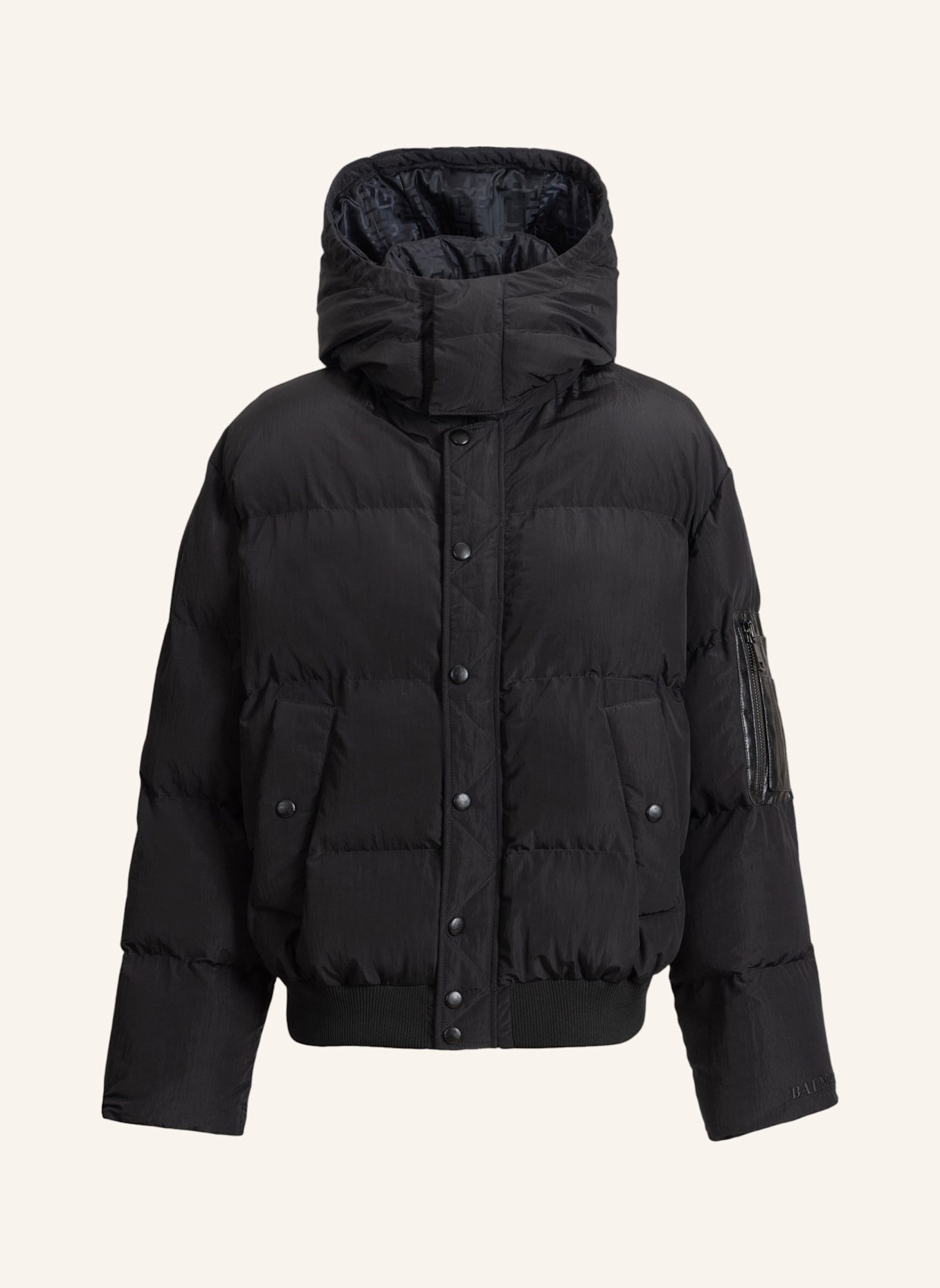 BALMAIN Daunenjacke aus Nylon und Leder: SCHWARZ