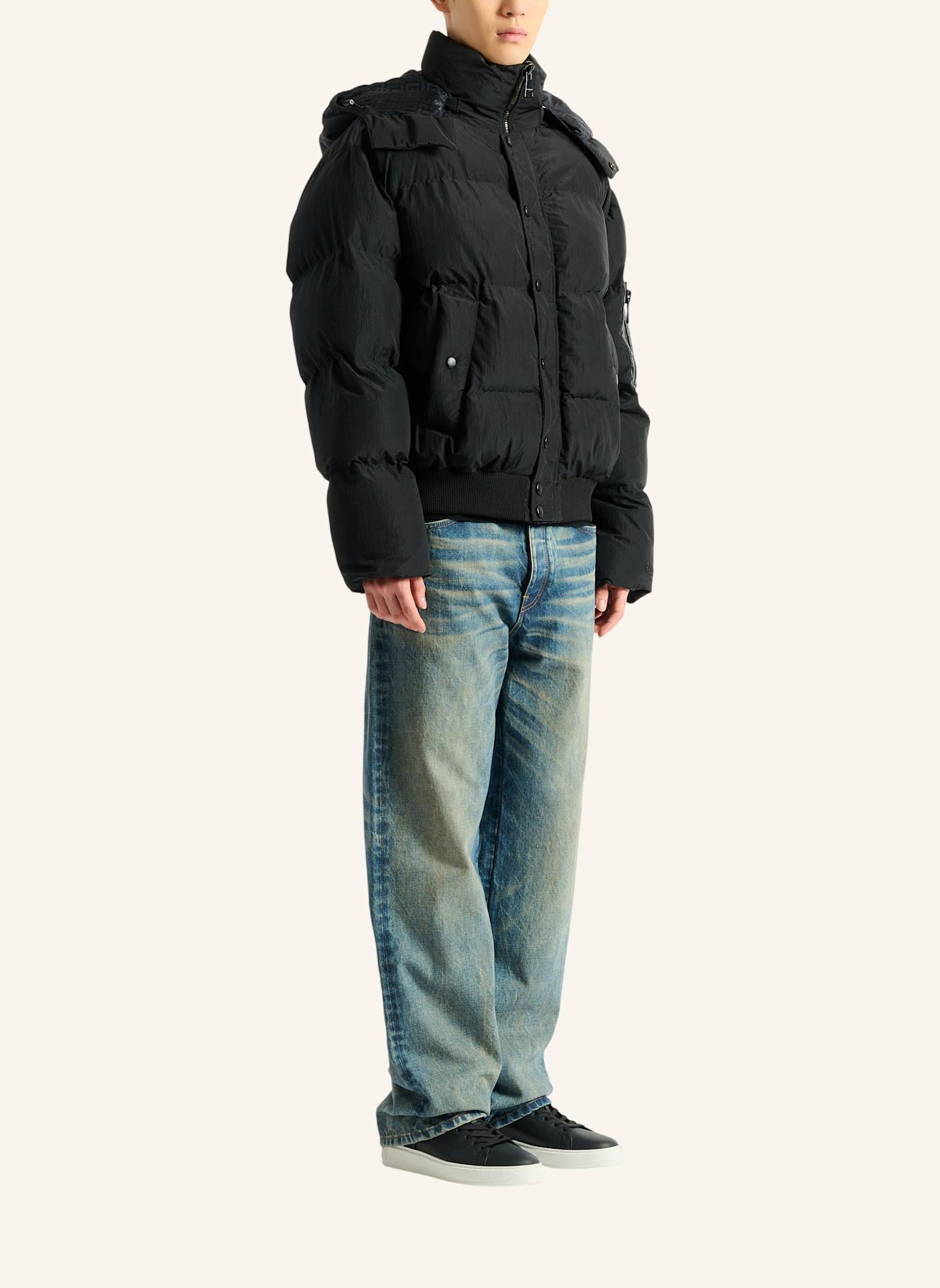 BALMAIN Daunenjacke aus Nylon und Leder: SCHWARZ