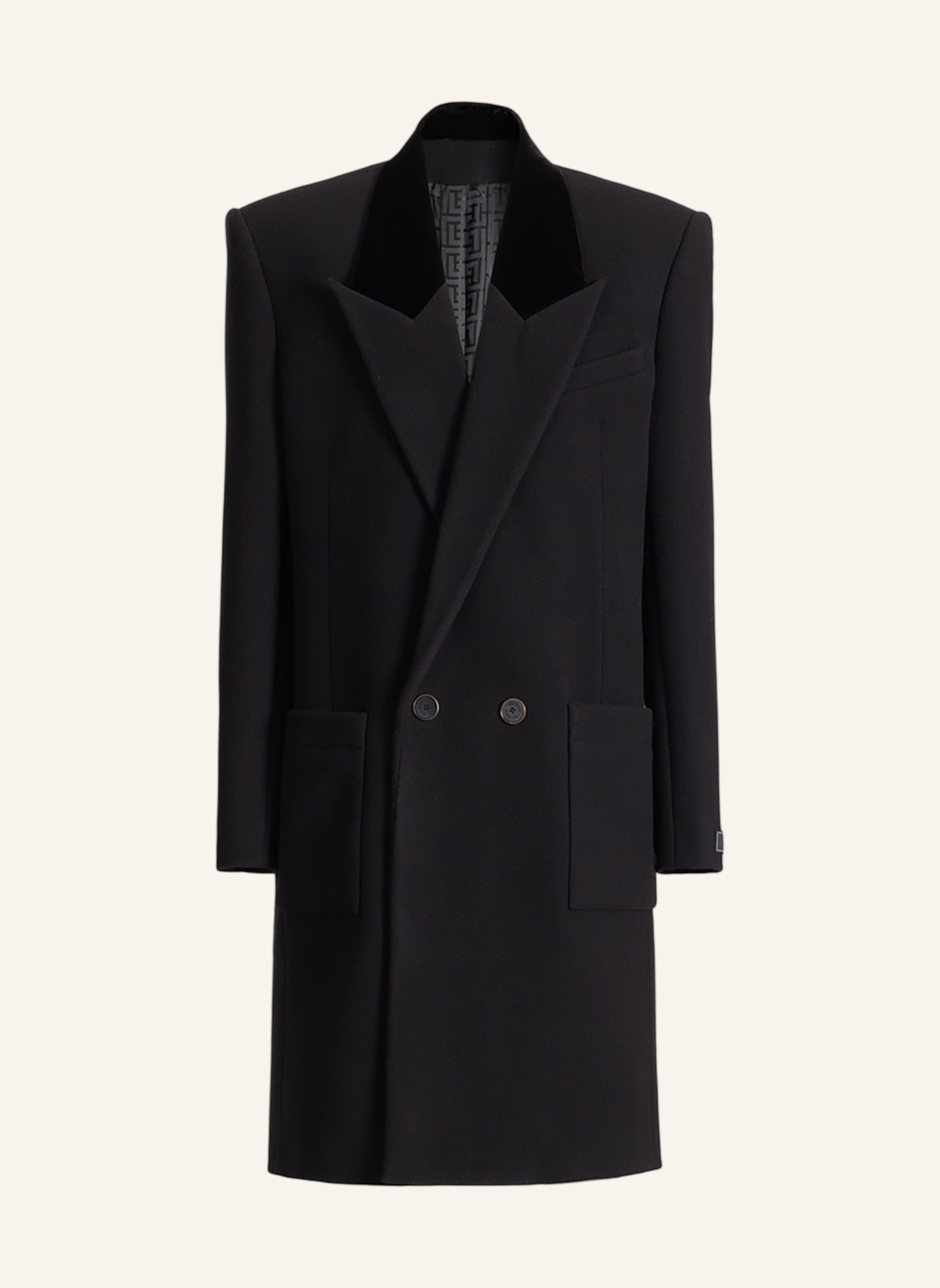 BALMAIN Langer Mantel aus Wolle und Samt: SCHWARZ