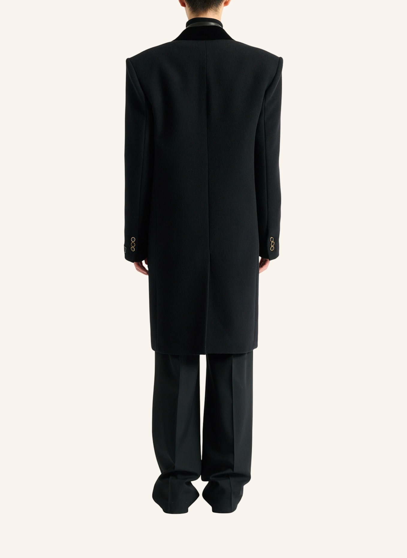 BALMAIN Langer Mantel aus Wolle und Samt: SCHWARZ