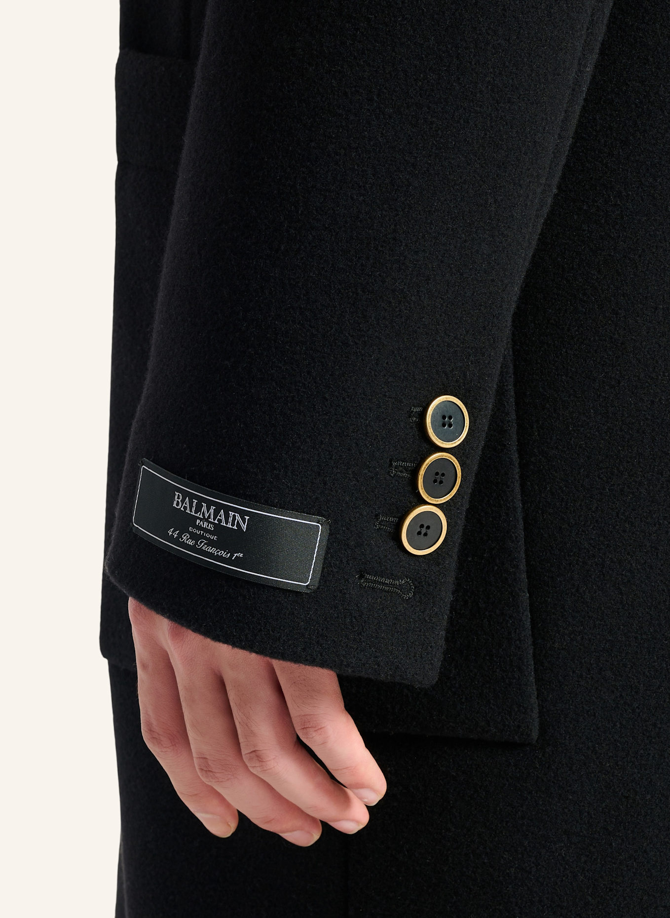 BALMAIN Langer Mantel aus Wolle und Samt: SCHWARZ