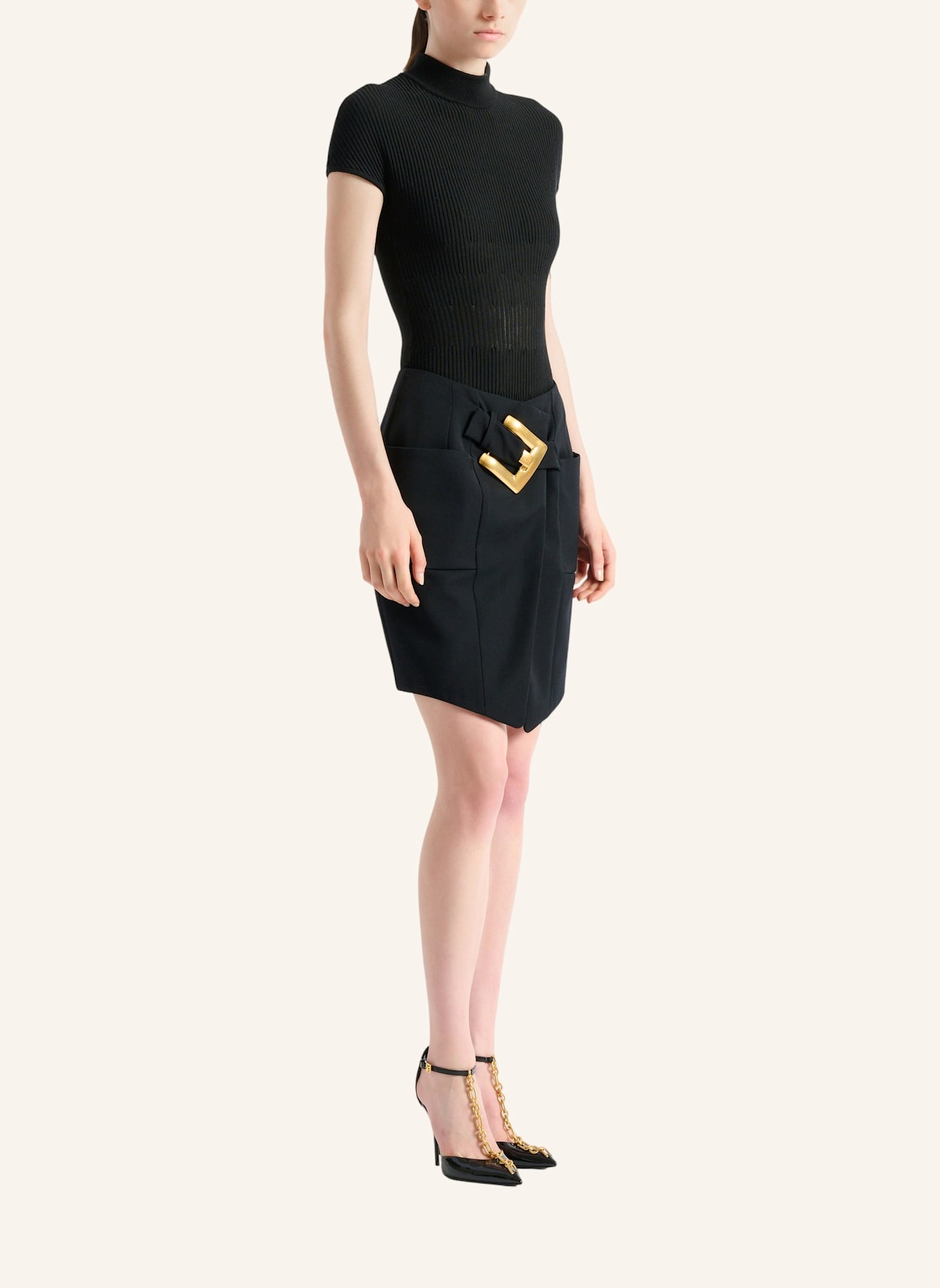BALMAIN Rock mit Gürtel aus Grain-de-Poudre: SCHWARZ