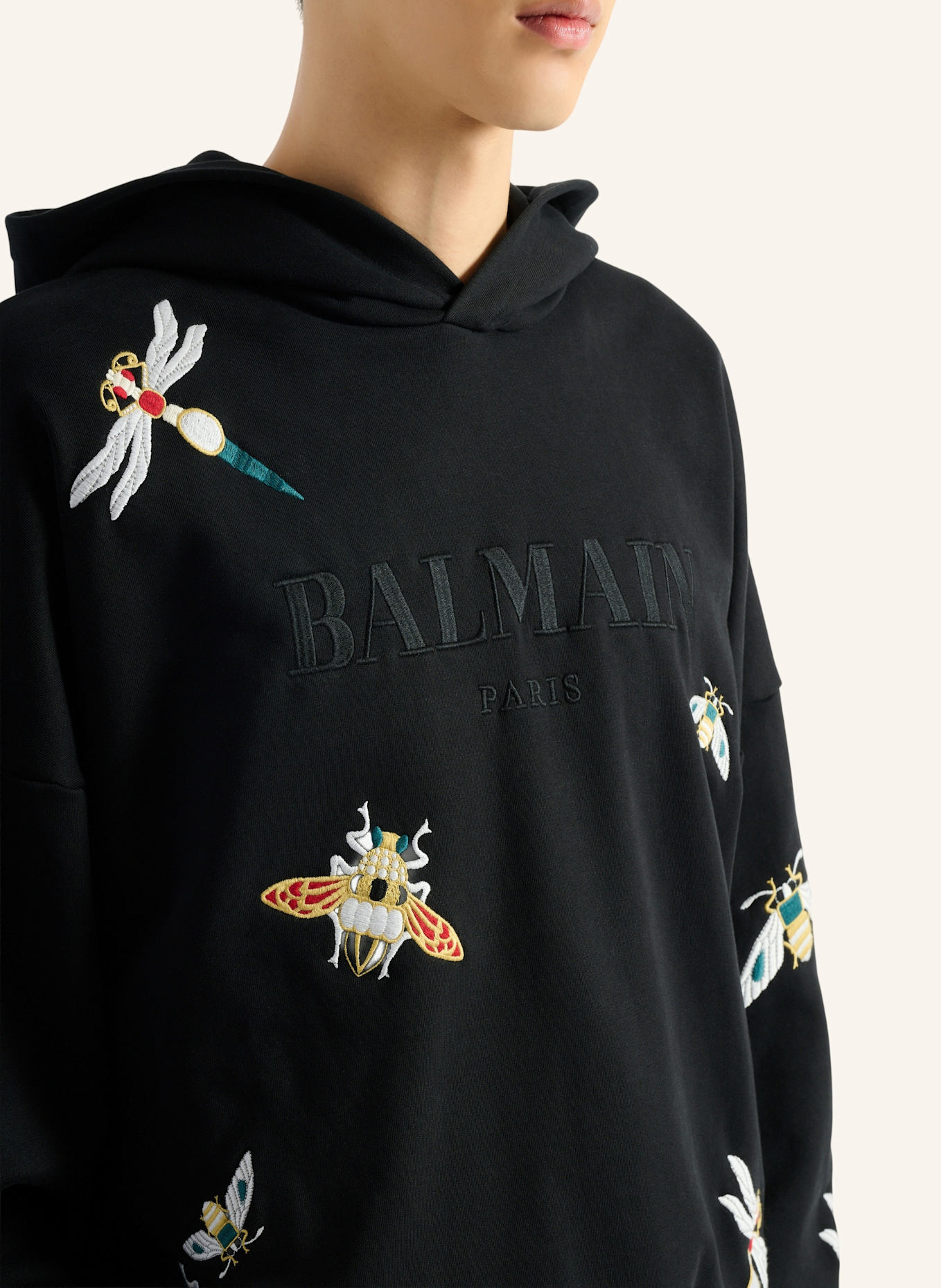 BALMAIN Bestickter Balmain Insect Kapuzenpullover: SCHWARZ