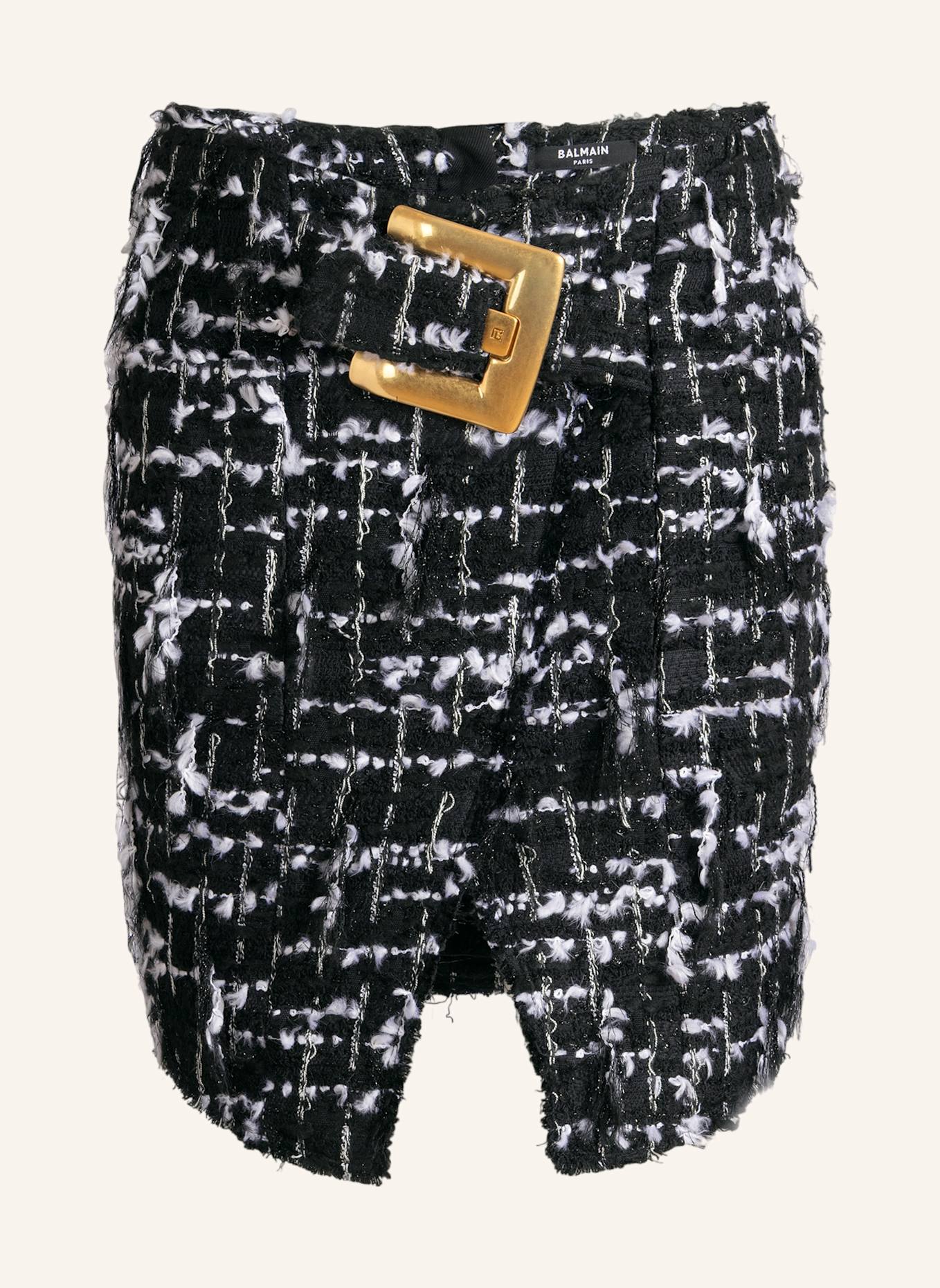 BALMAIN Tweedrock mit Gürtel und Fransen: SCHWARZ