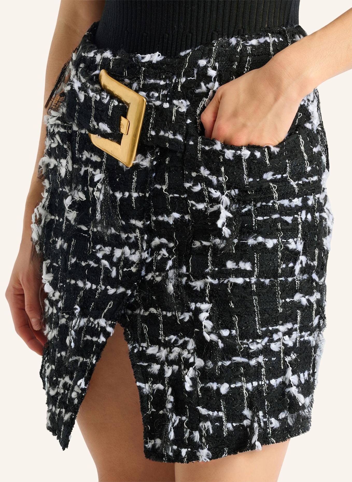 BALMAIN Tweedrock mit Gürtel und Fransen: SCHWARZ