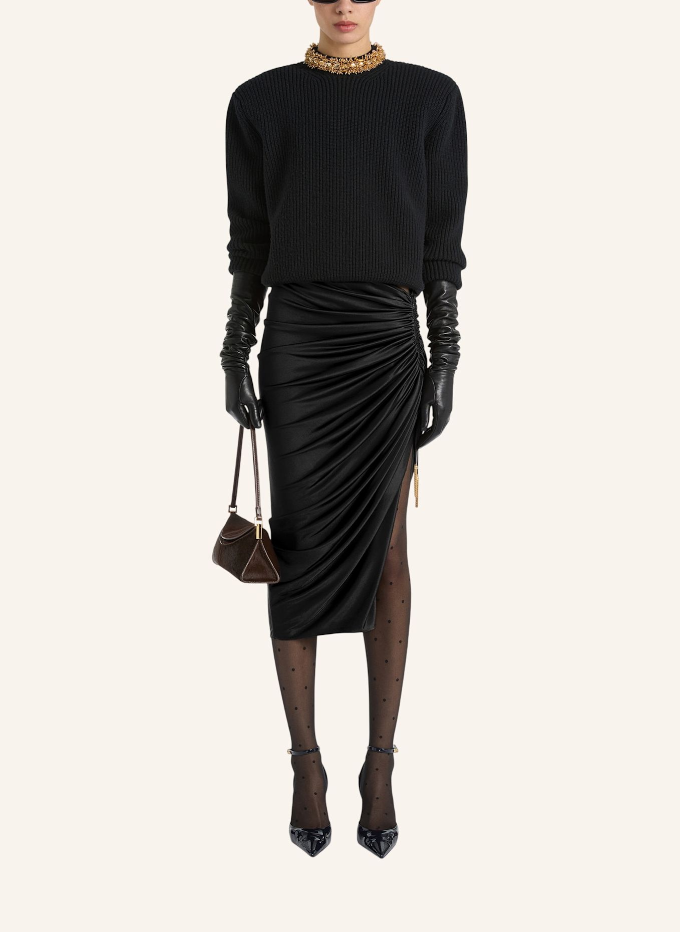 BALMAIN Halblanger Rock mit Schlitz aus fließendem Jersey: SCHWARZ