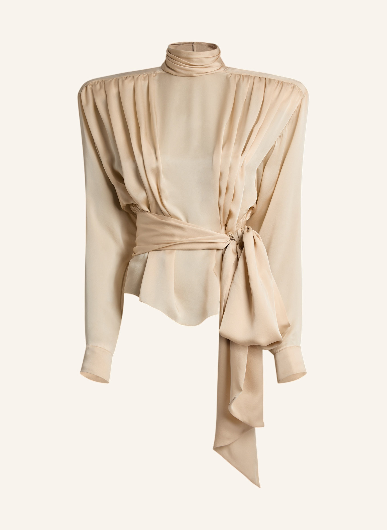 BALMAIN Gebundene Bluse mit Schulterpolstern aus Seidenmusselin: KHAKI