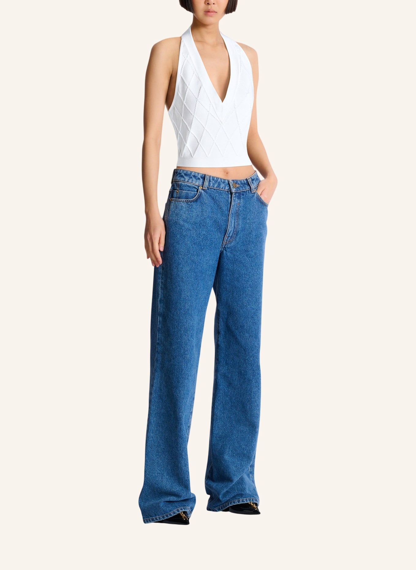 BALMAIN Rückenfreies Top aus gestepptem Strick: WEISS