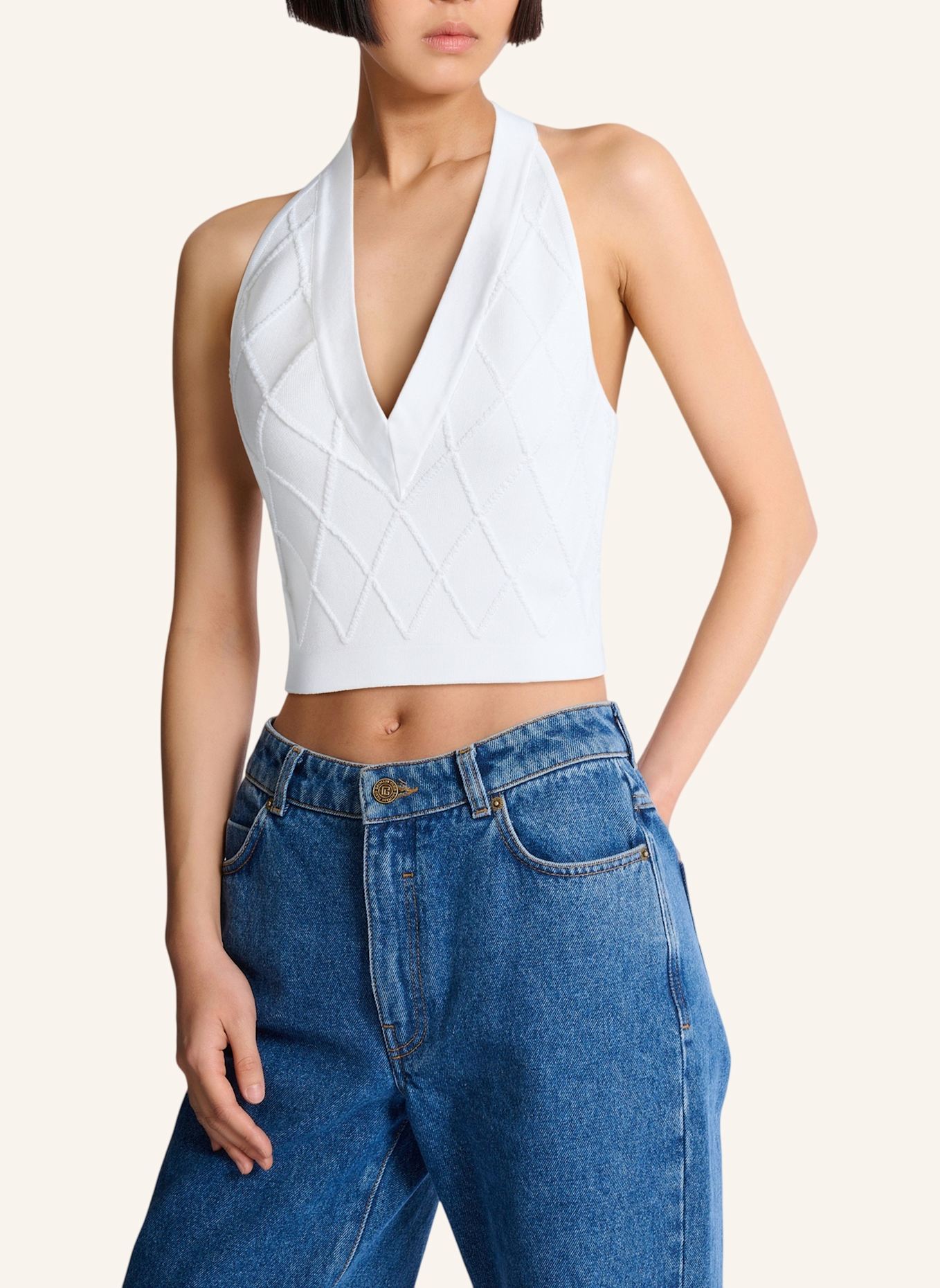BALMAIN Rückenfreies Top aus gestepptem Strick: WEISS