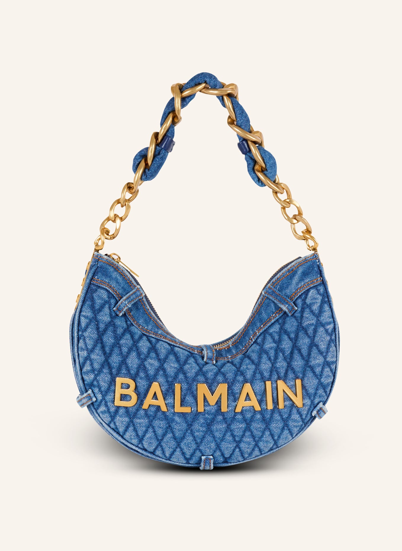 BALMAIN Tasche 1945 Soft Moon aus gestepptem Denim mit Diamond-Muster, Farbe: BLAU (Bild 1)