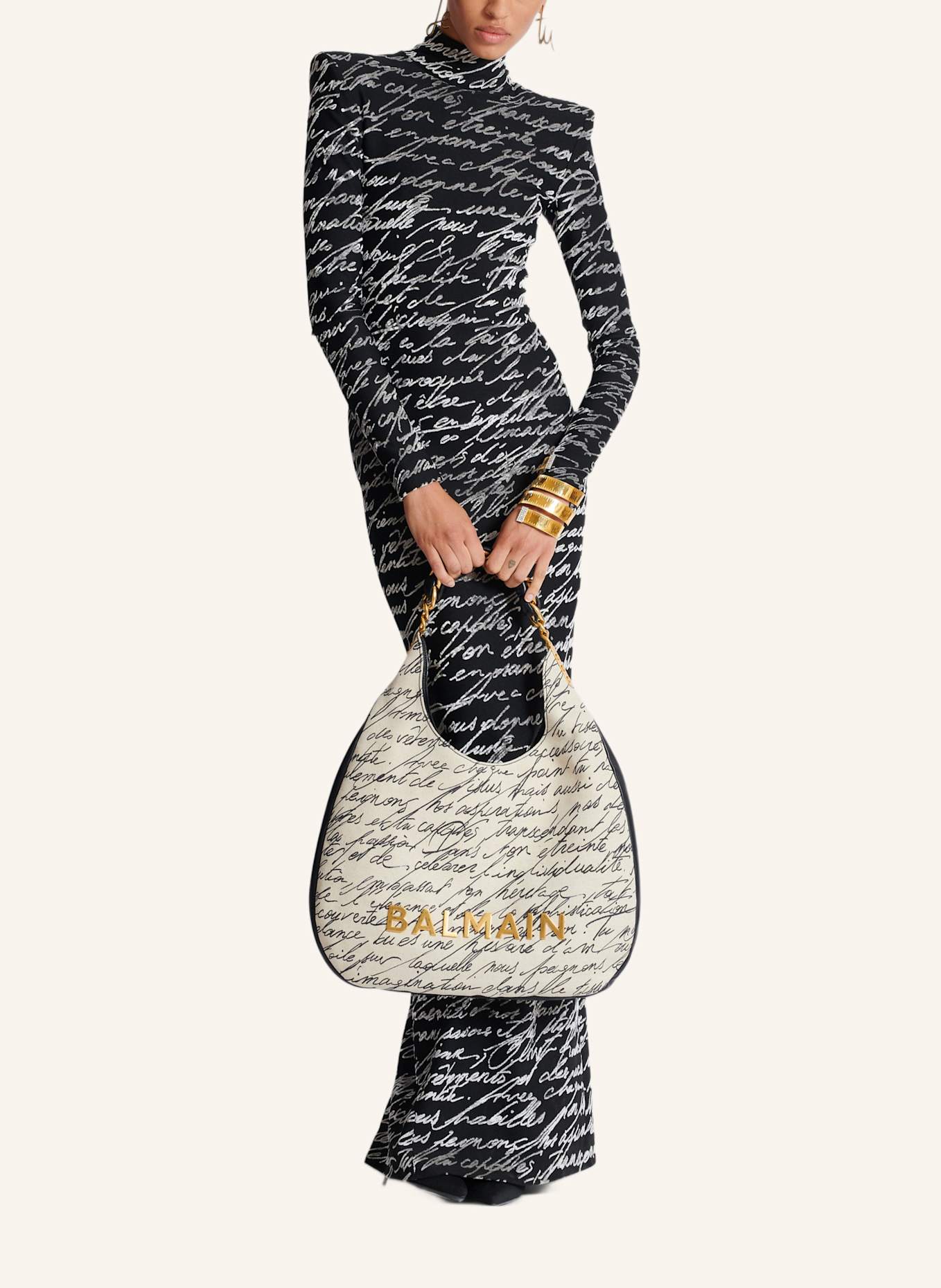 BALMAIN Großer Shopper 1945 Soft Hobo aus bedrucktem Canvas: BEIGE