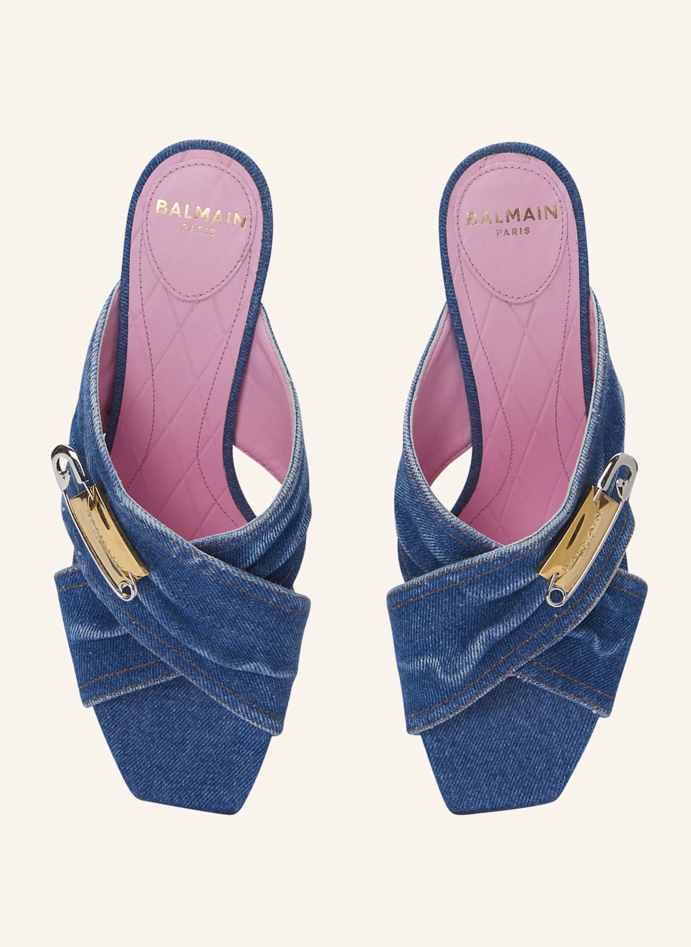 BALMAIN Pantoletten Safety Pin aus Denim: BLAU