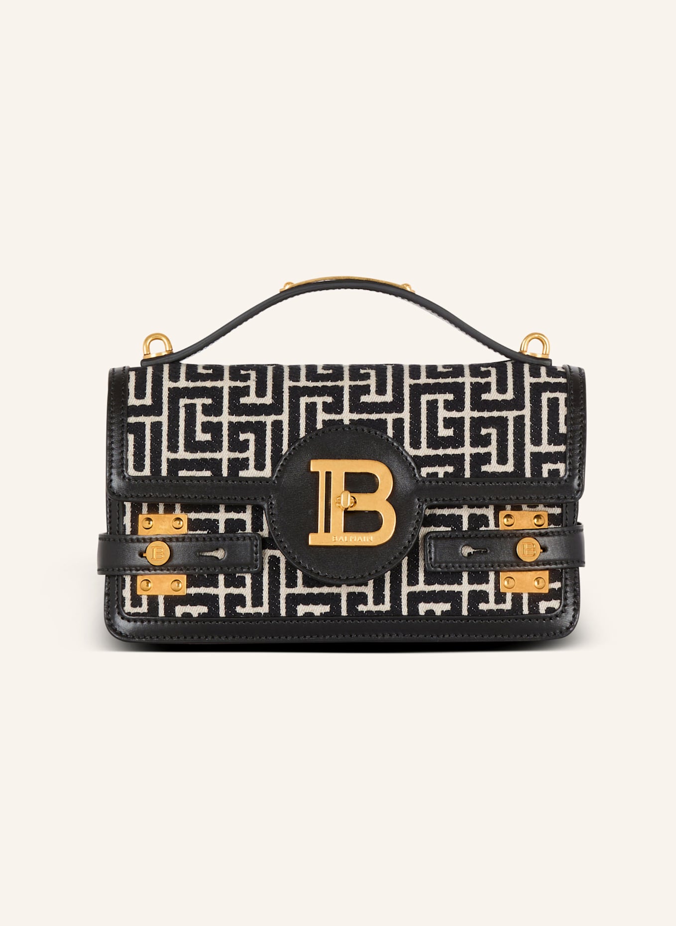 BALMAIN Tasche B-Buzz Shoulder 24 aus Jacquard-Canvas mit PB-Monogramm und Kalbsleder, Farbe: SCHWARZ (Bild 1)