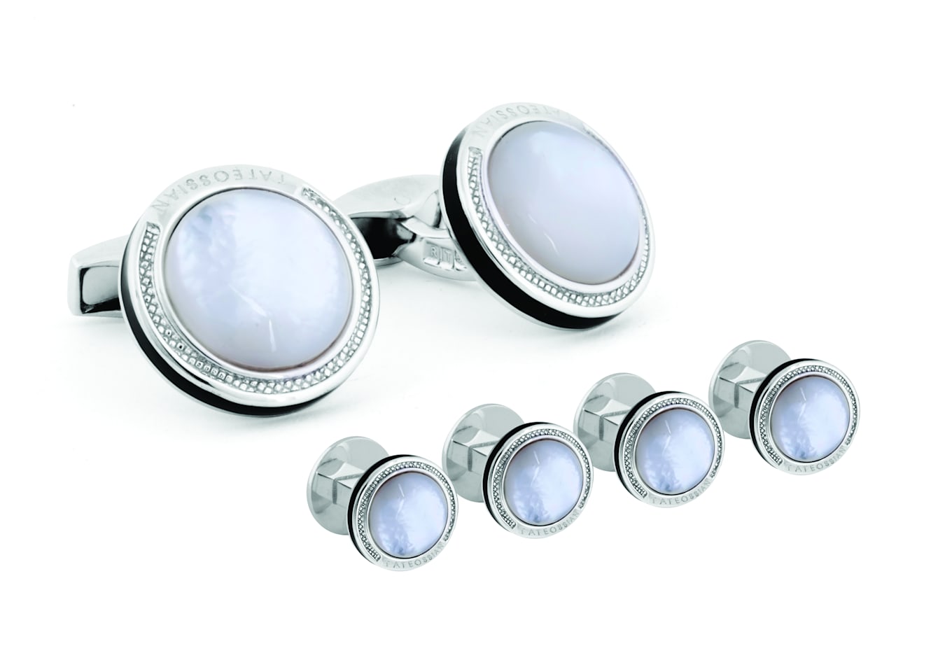 TATEOSSIAN Signature Round Manschettenknöpfe and Hemdknopf-Set in rhodiniert beschichtet Silber with Weiß MOP: WEISS