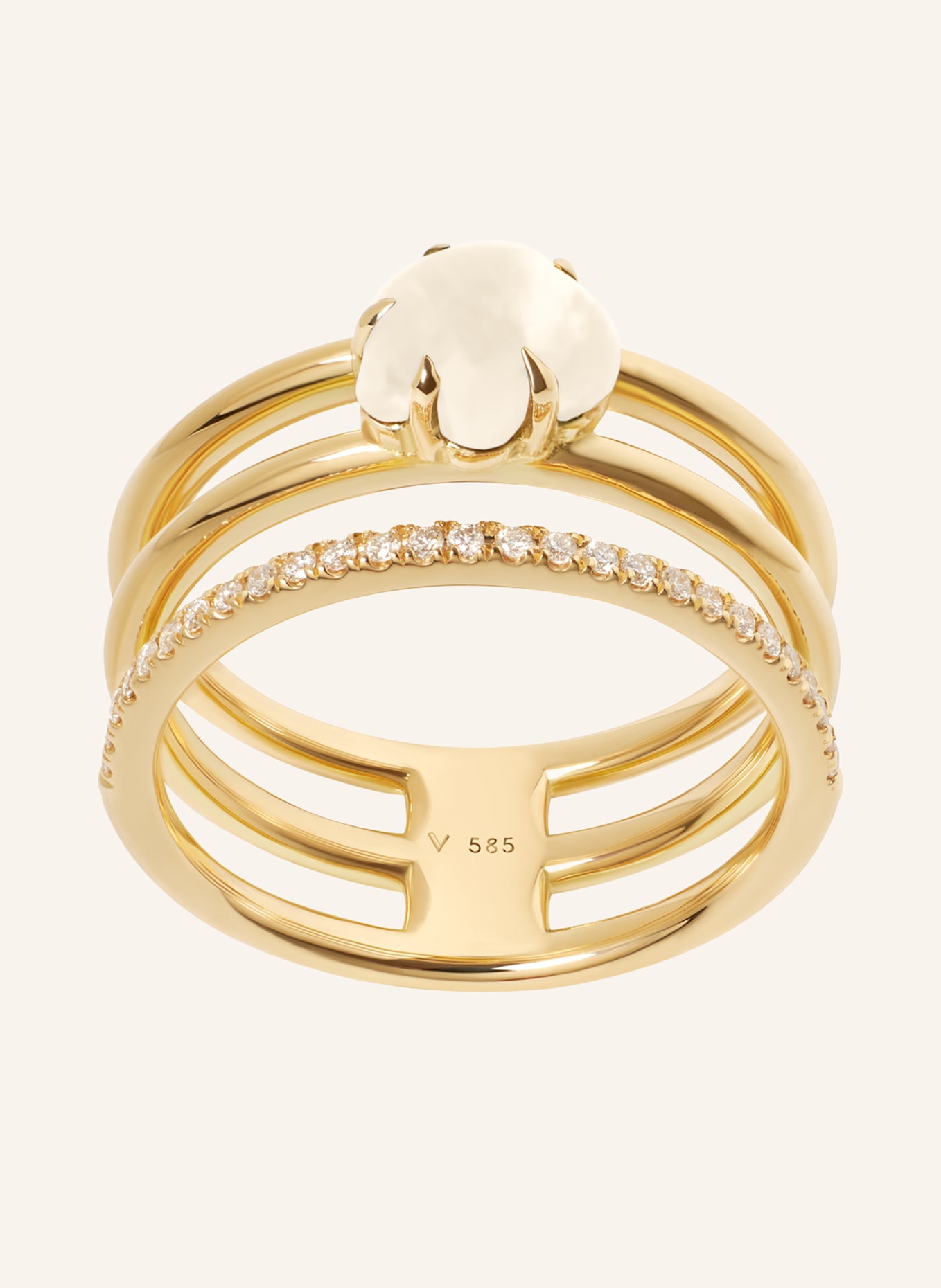 VIERI Ring WOLKE MILCHQUARZ BRILLANT PAVÉ DREIREIHIG: GOLD