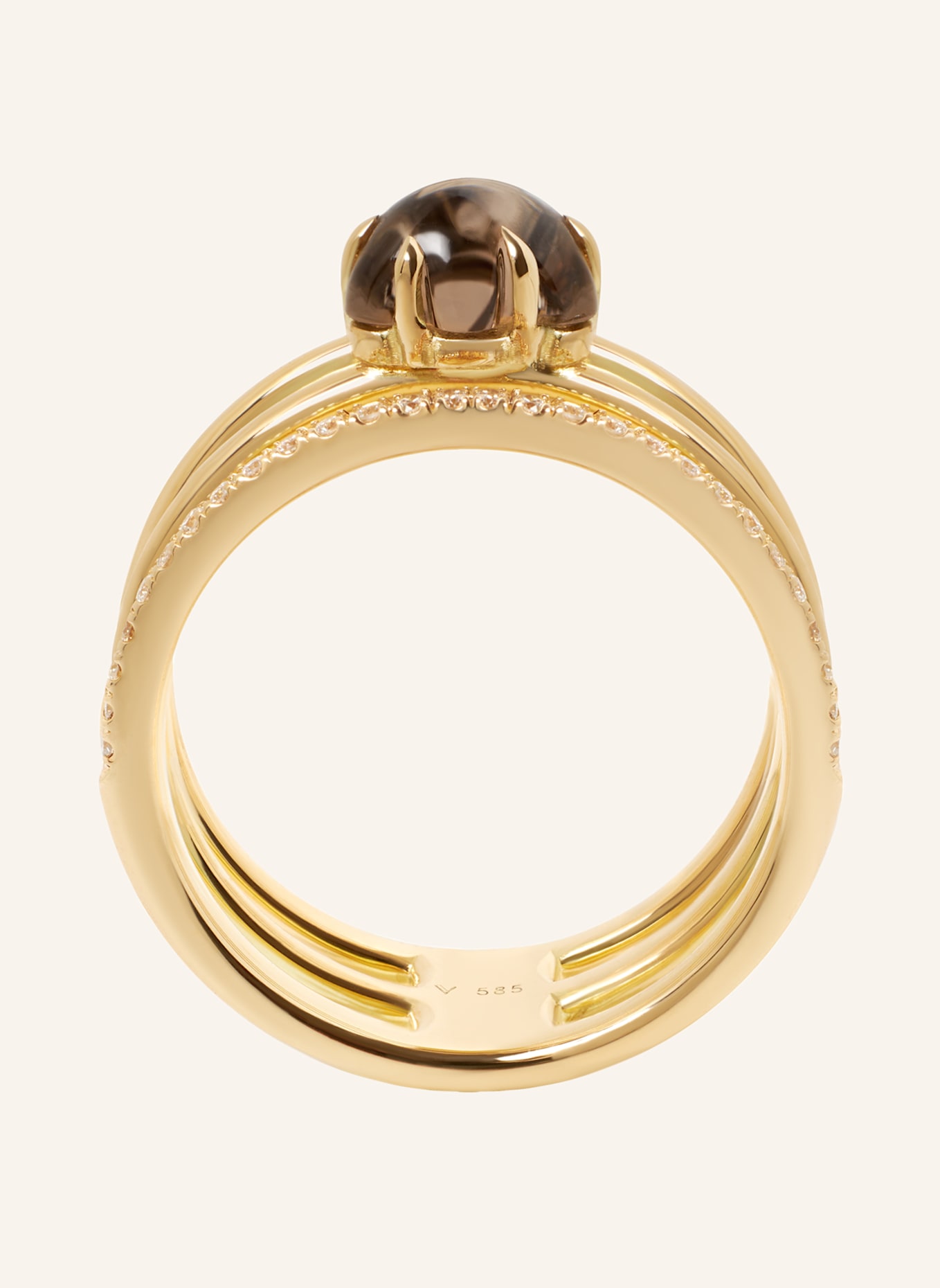 VIERI Ring WOLKE RAUCHQUARZ BRILLANT PAVÉ DREIREIHIG: GOLD